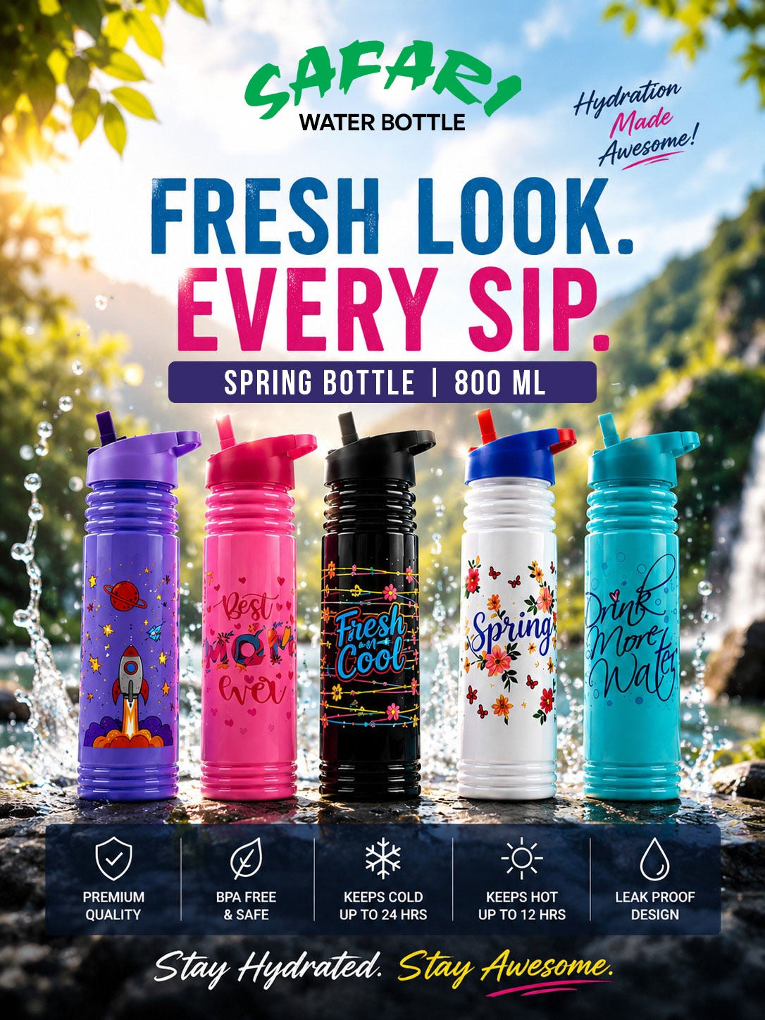 Safari Spring Water Bottle 800ML with Straw | Vacuum Insulated Hot & Cold Bottle | Leakproof BPA-Free Water Bottle