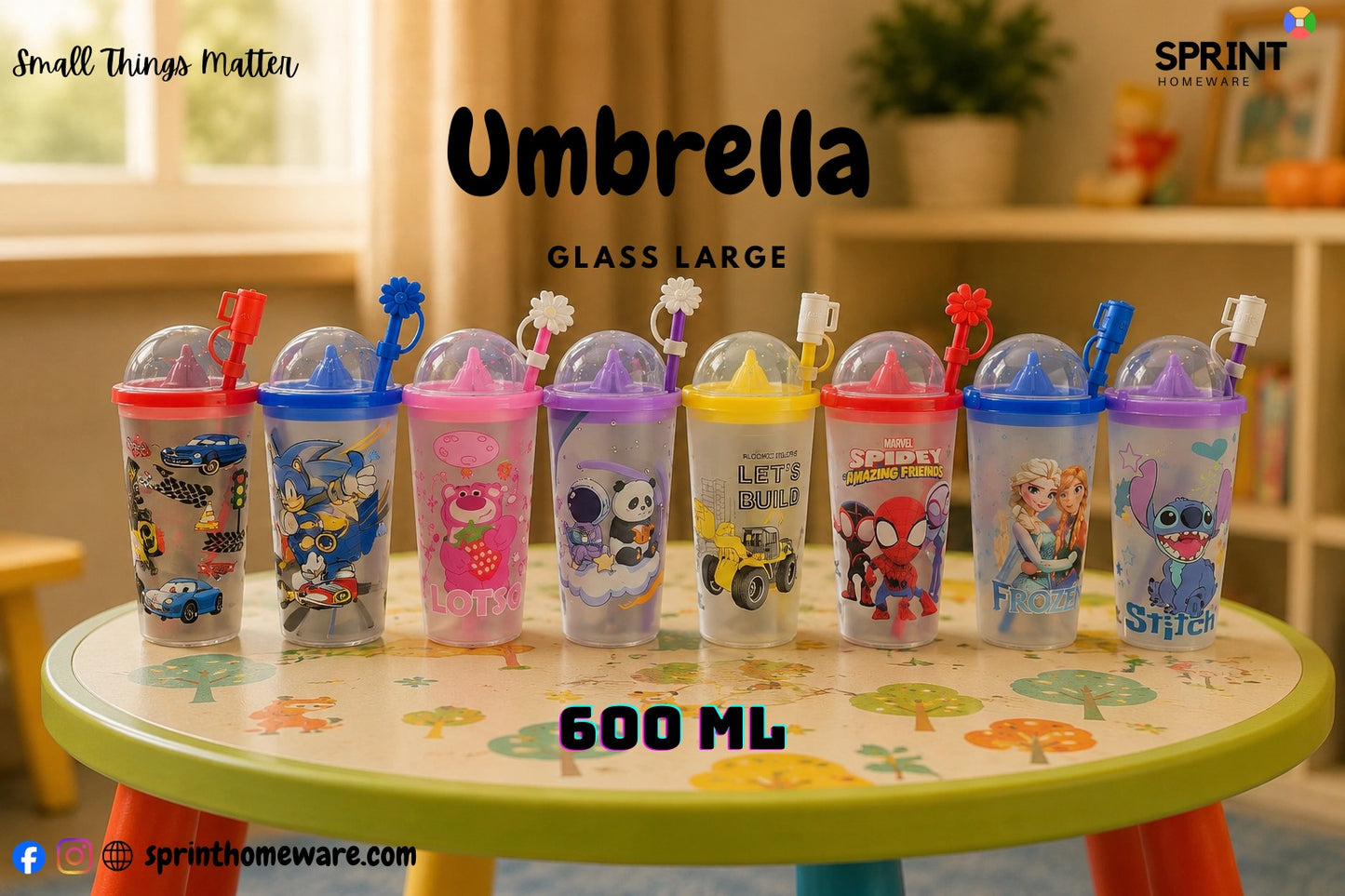 Umbrella Glass Large 600ml Kids Sipper Cup with Straw | BPA-Free Reusable Drinking Tumbler