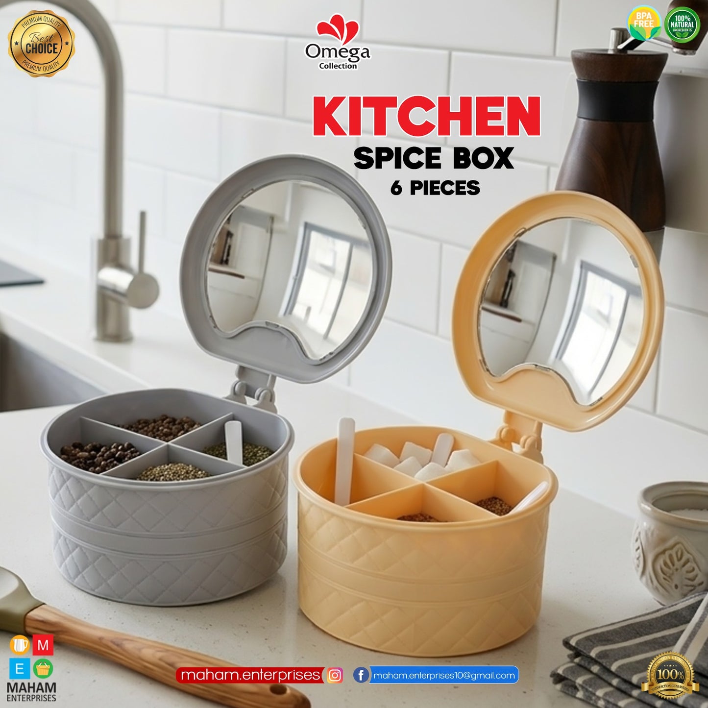 Kitchen Spice Box with Mirror Lid | 4 Compartment Masala Storage Organize
