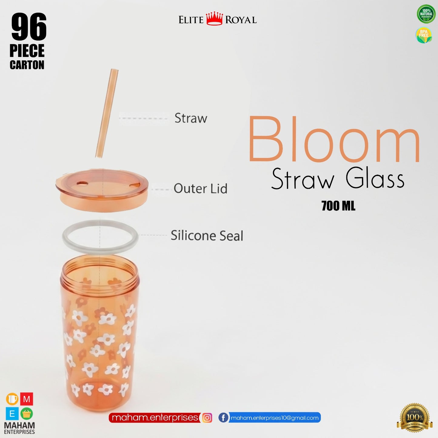 Elite Royal Bloom Straw Glass 700ml | BPA-Free Reusable Drinking Cup with Straw