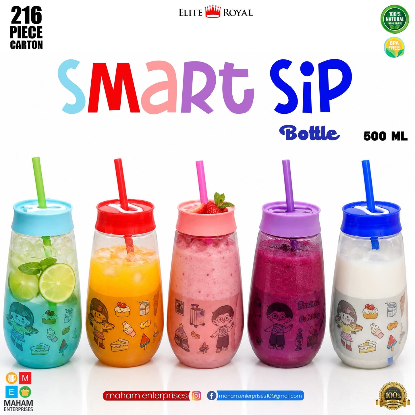 Elite Royal Smart Sip Bottle 500ml | BPA-Free Kids Water Bottle with Straw