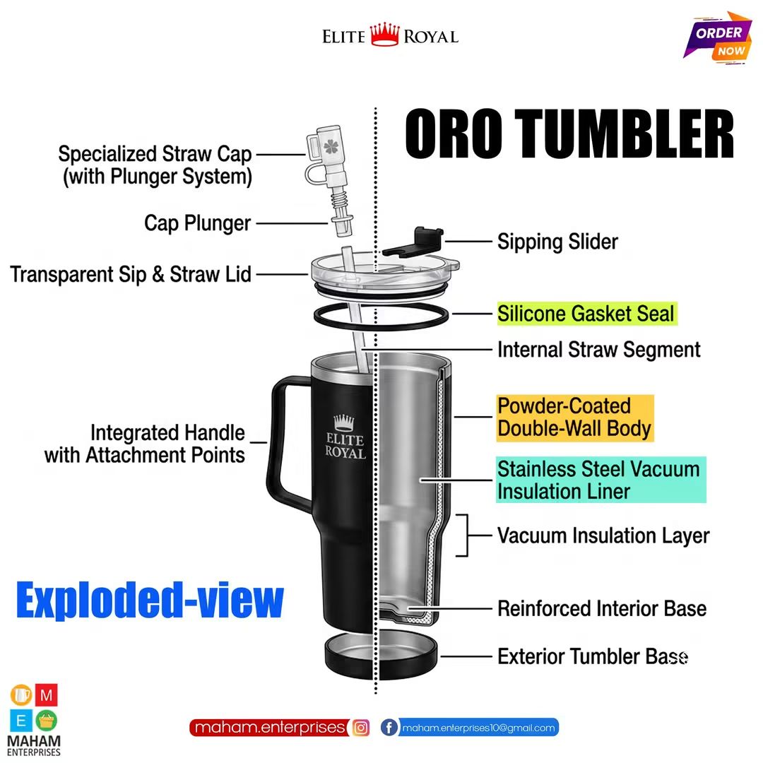 Oro Tumbler Insulated Travel Mug with Handle, Straw & Lid | Reusable Stainless Steel Cup