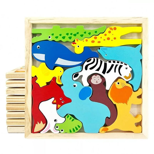 Cartoon Animal Wooden 3D Puzzles Kids Hand Grasp Board Fruit And Vegetable Vehicle Montessori Matching Puzzle Game Children Learning Educational Toys (1 pc)