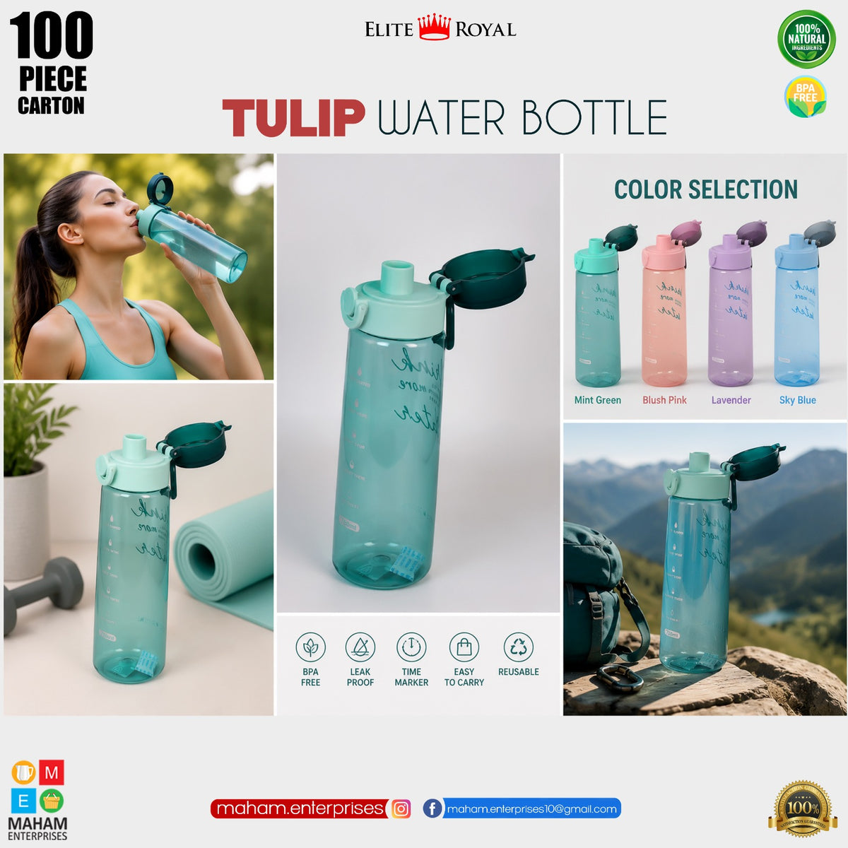 Fashion Tulip Water Bottle 750ML – BPA Free Leakproof Sports Water Bottle with Lock Cap & Measurement Scale