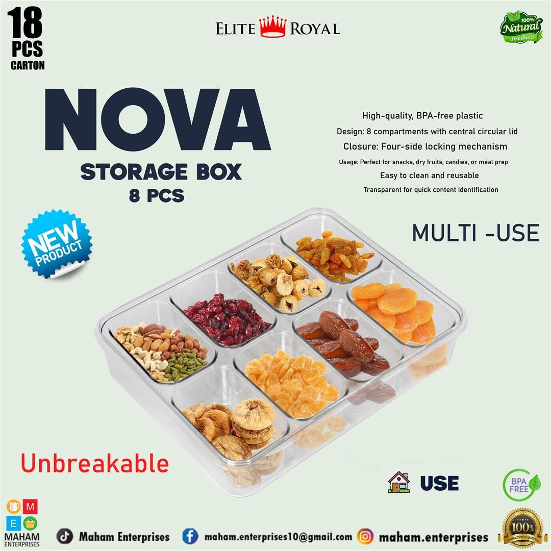 NOVA Multi-Compartment Storage Box | BPA-Free Unbreakable Plastic | Airtight Lock | Dry Fruits, Snacks & Kitchen Organizer