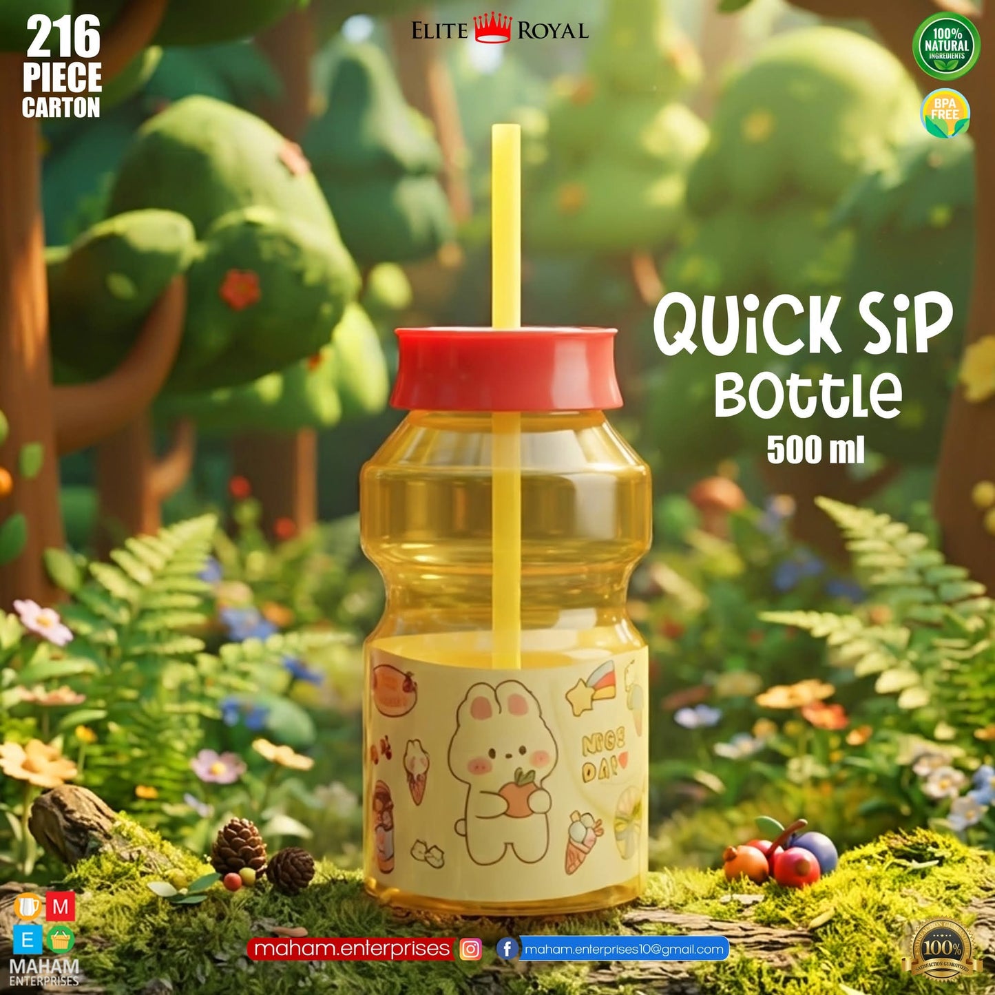Elite Royal Quick Sip Bottle 500ml | BPA Free Leak-Proof Kids Water Bottle with Straw