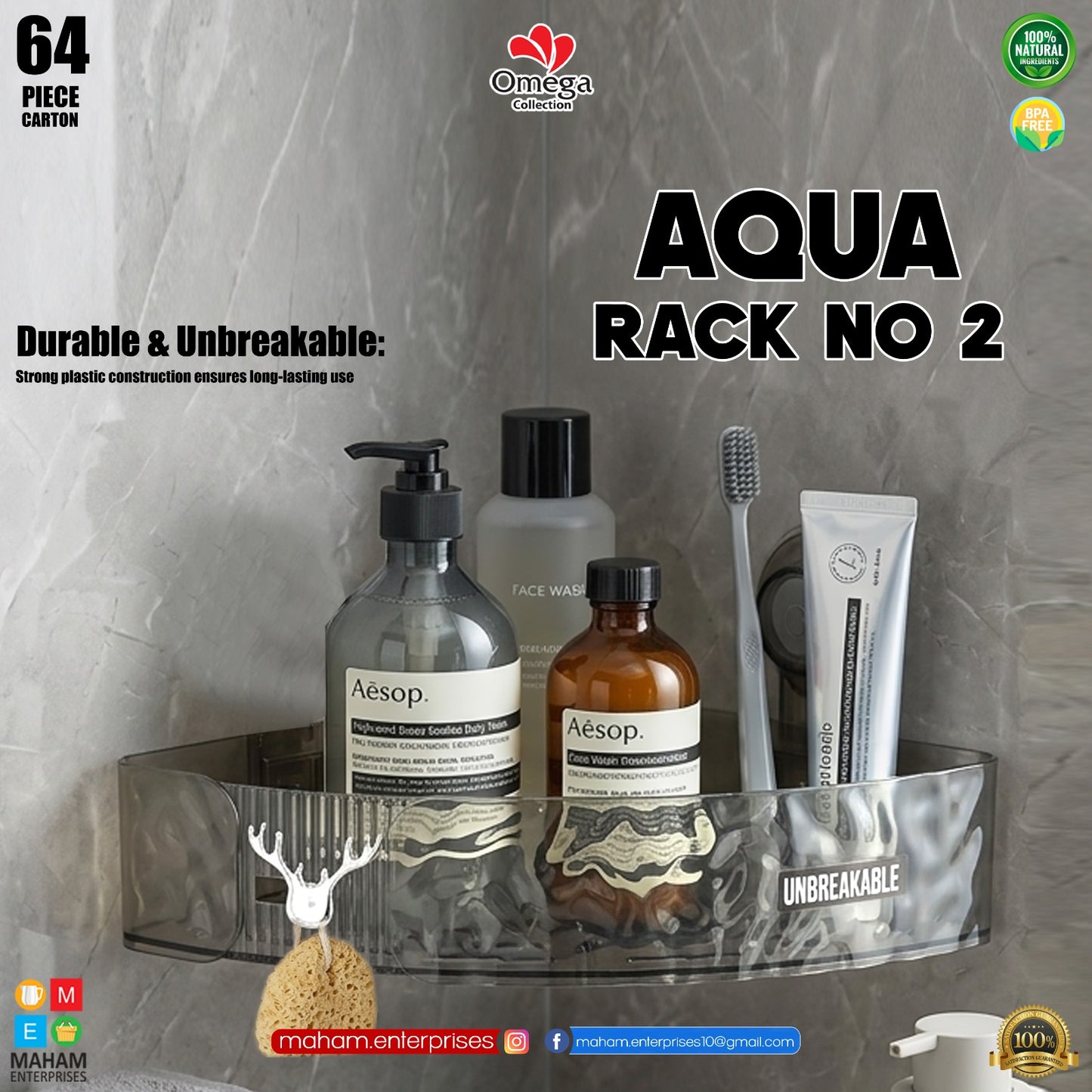 Wall Mounted Corner Storage Rack 22 x 22 x 6 cm | Drill-Free Bathroom Kitchen Organizer | Transparent Unbreakable Shelf