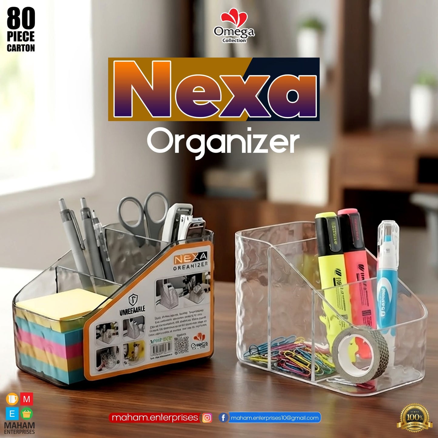 Nexa 3-Compartment Desk Organizer | Transparent Storage Box for Stationery, Makeup & Small Accessories