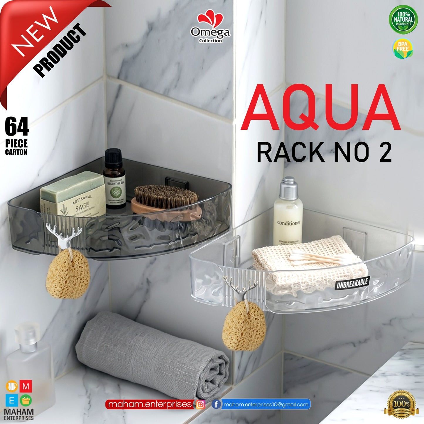 Wall Mounted Corner Storage Rack 22 x 22 x 6 cm | Drill-Free Bathroom Kitchen Organizer | Transparent Unbreakable Shelf