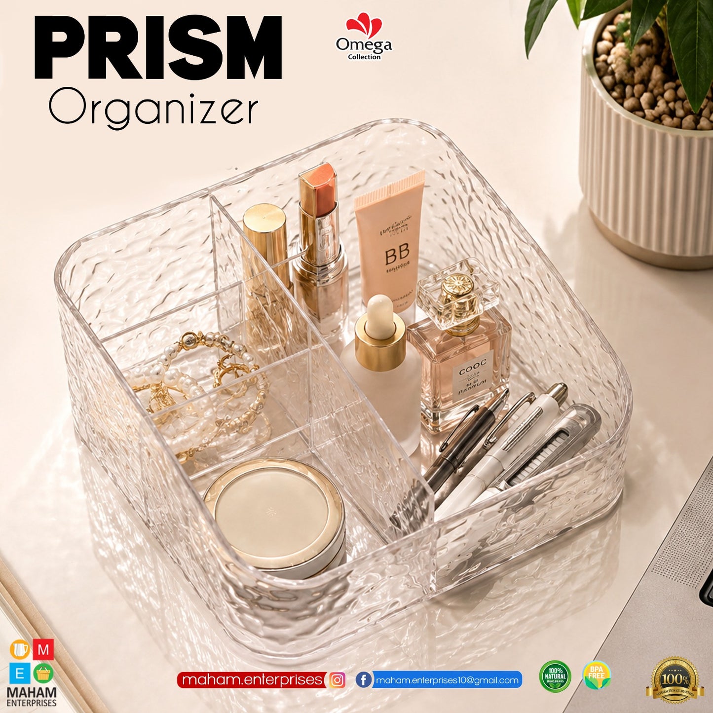 Prism Organizer Clear Multi-Compartment Storage Box – Transparent Makeup, Skincare & Bathroom Vanity Organizer