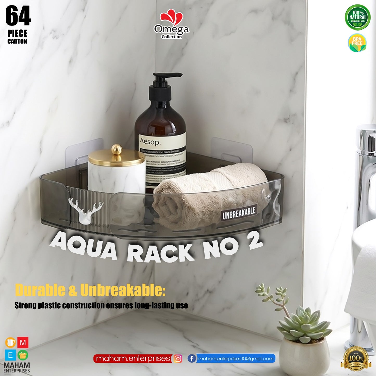 Wall Mounted Corner Storage Rack 22 x 22 x 6 cm | Drill-Free Bathroom Kitchen Organizer | Transparent Unbreakable Shelf