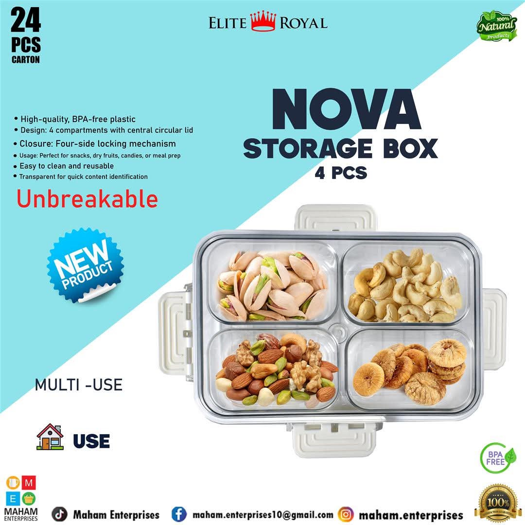 NOVA Multi-Compartment Storage Box | BPA-Free Unbreakable Plastic | Airtight Lock | Dry Fruits, Snacks & Kitchen Organizer