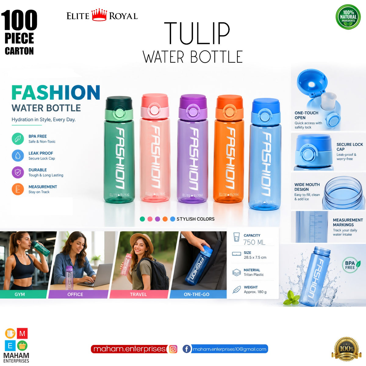 Fashion Tulip Water Bottle 750ML – BPA Free Leakproof Sports Water Bottle with Lock Cap & Measurement Scale