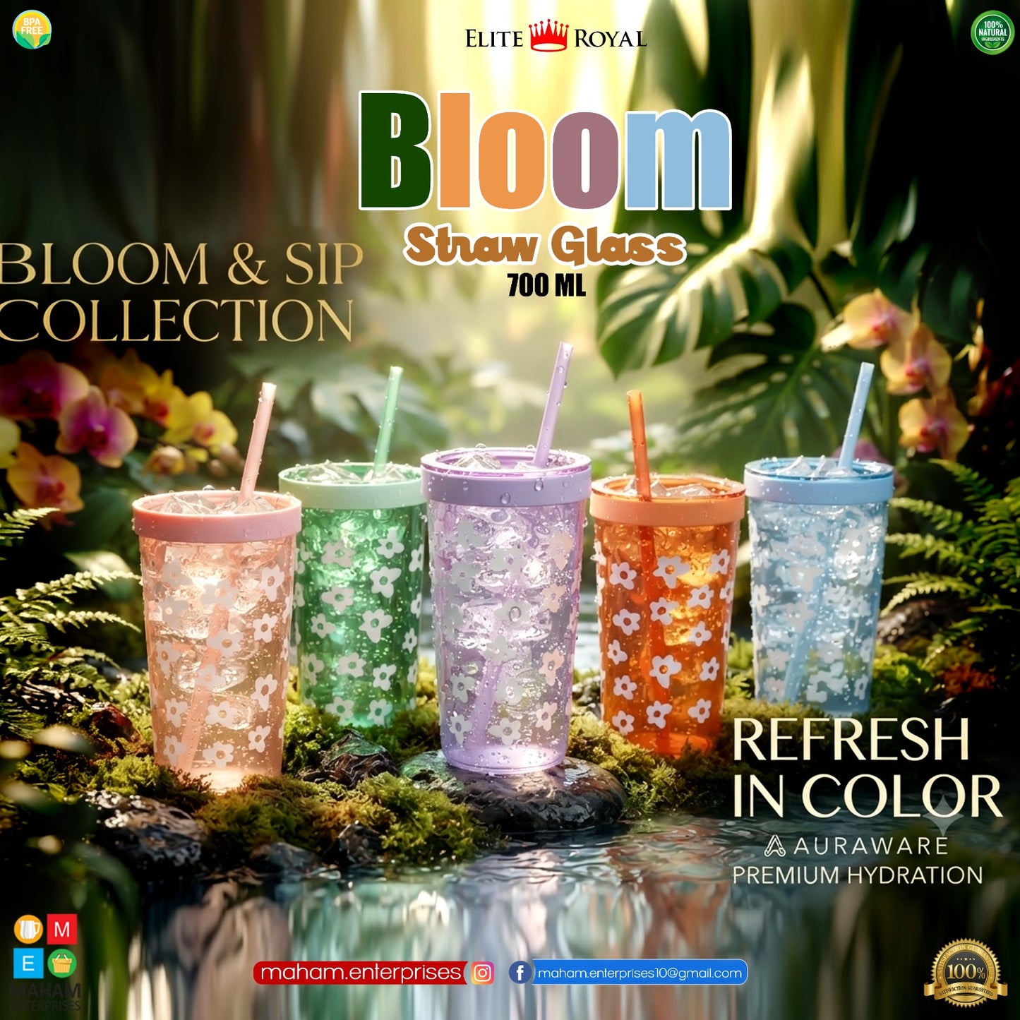 Elite Royal Bloom Straw Glass 700ml | BPA-Free Reusable Drinking Cup with Straw