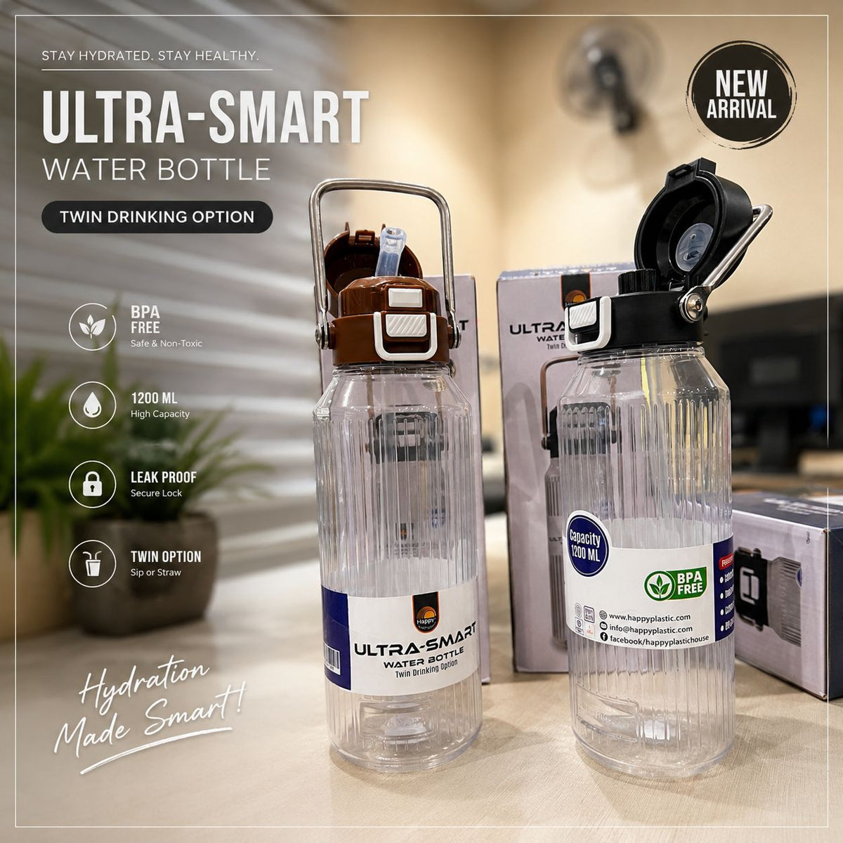 Ultra Smart Water Bottle 1200ml | Leak Proof | BPA Free | With Handle