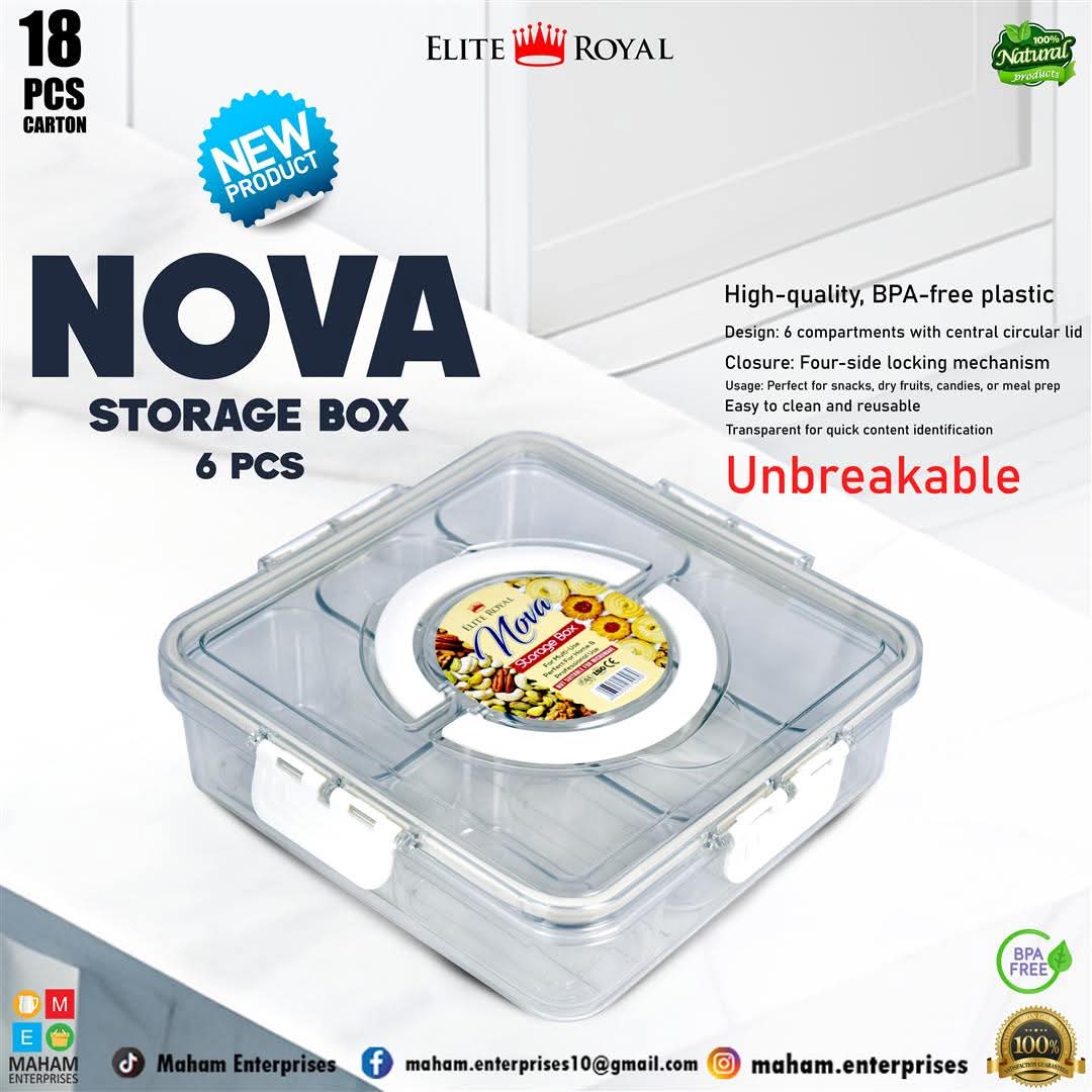 NOVA Multi-Compartment Storage Box | BPA-Free Unbreakable Plastic | Airtight Lock | Dry Fruits, Snacks & Kitchen Organizer