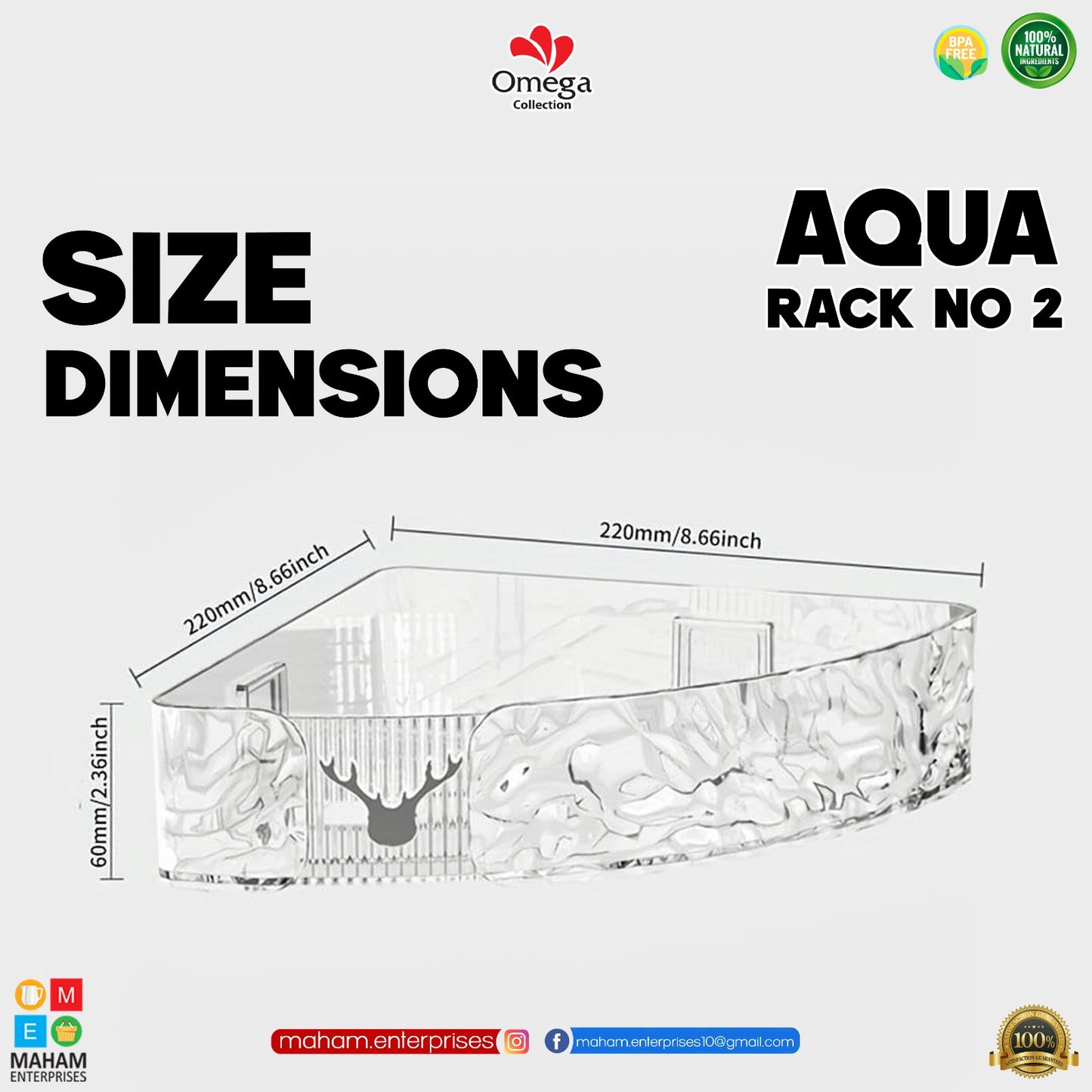 Wall Mounted Corner Storage Rack 22 x 22 x 6 cm | Drill-Free Bathroom Kitchen Organizer | Transparent Unbreakable Shelf