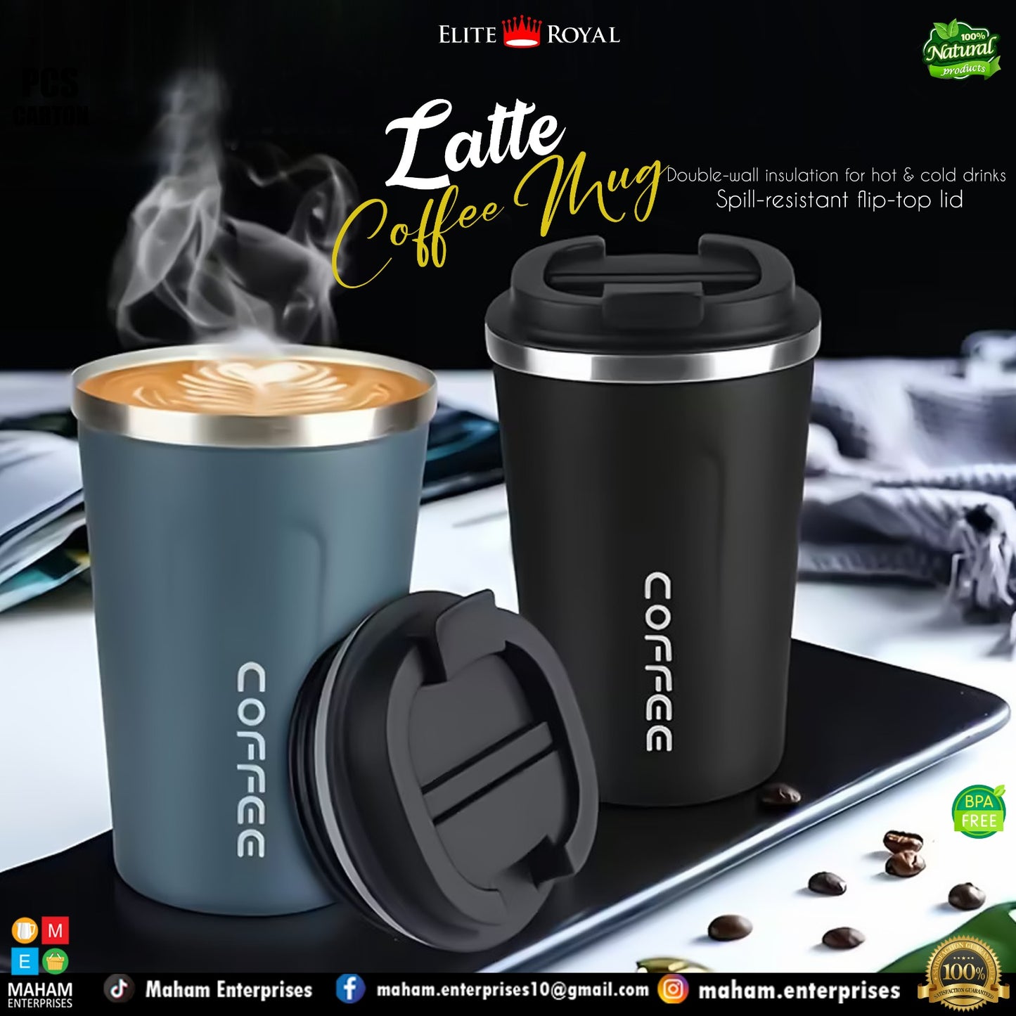 Elite Royal Insulated Coffee Mug with Flip Lid | BPA-Free Travel Cup for Hot & Cold Drinks