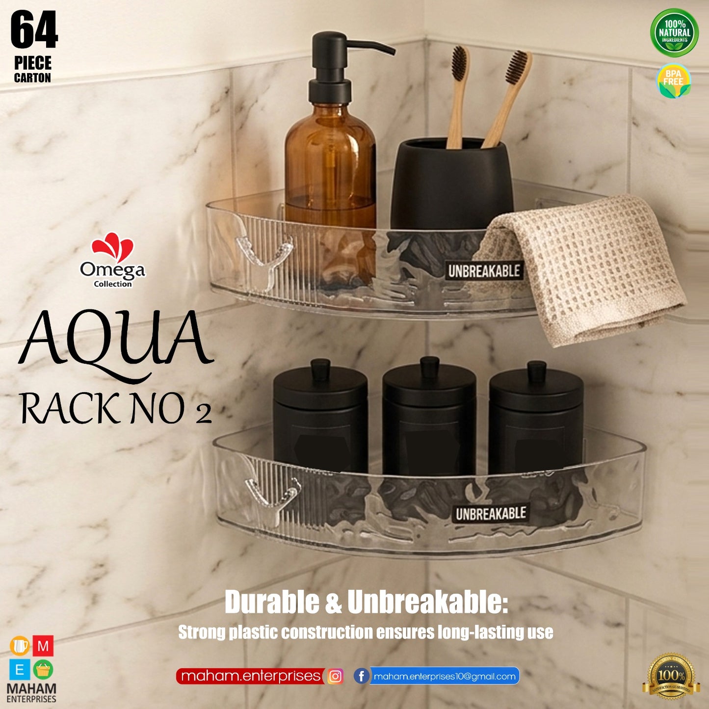 Wall Mounted Corner Storage Rack 22 x 22 x 6 cm | Drill-Free Bathroom Kitchen Organizer | Transparent Unbreakable Shelf