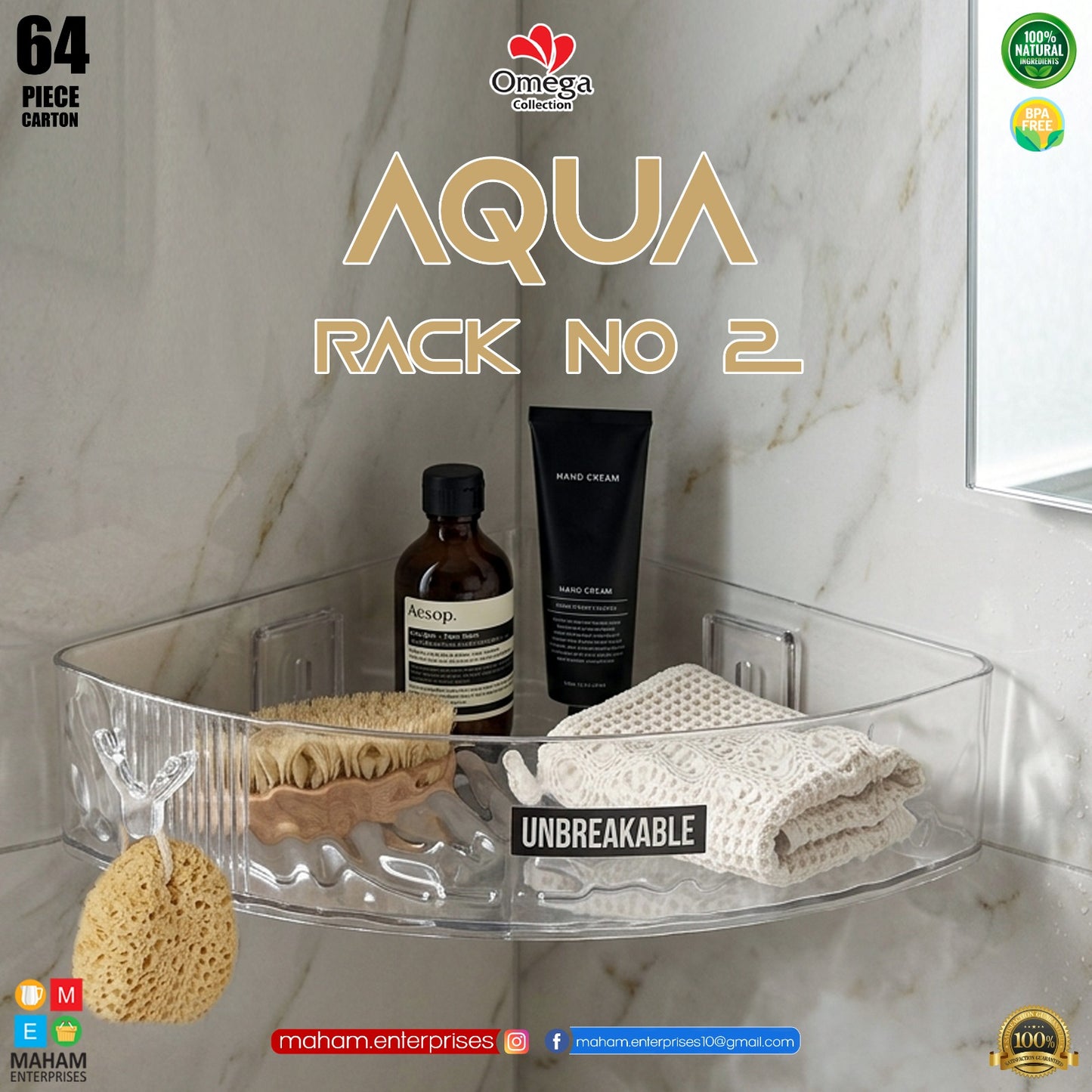 Wall Mounted Corner Storage Rack 22 x 22 x 6 cm | Drill-Free Bathroom Kitchen Organizer | Transparent Unbreakable Shelf