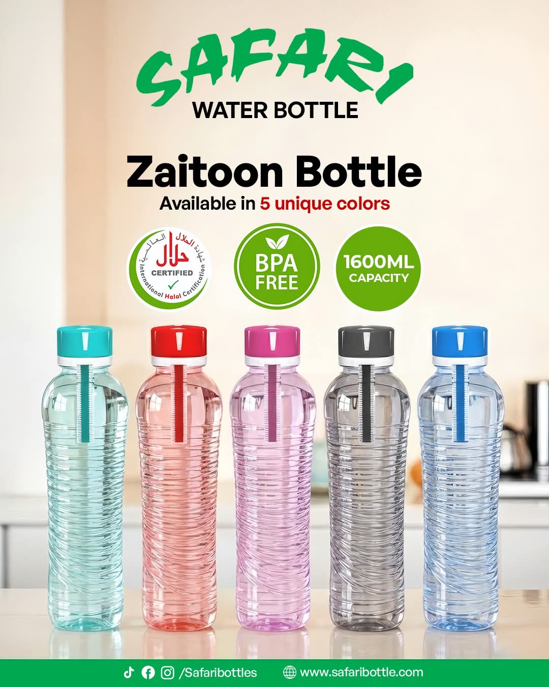 Pack of 2 – Safari Zaitoon Water Bottle 1600ml | BPA-Free Leak-Proof Plastic Bottle with Strap