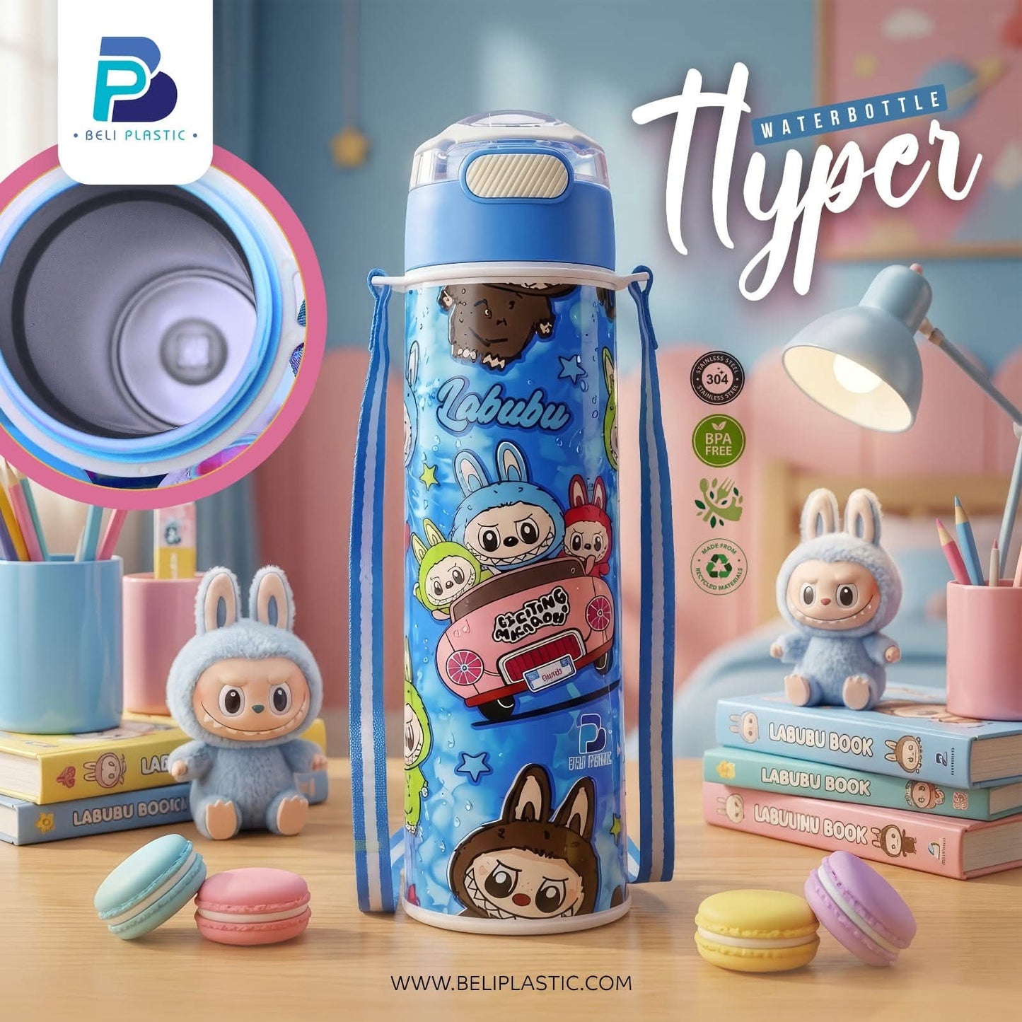 Hyper Character Printed Water Bottle with Steel Inner – Available in 450ml & 650ml | Flip Top School Water Bottle