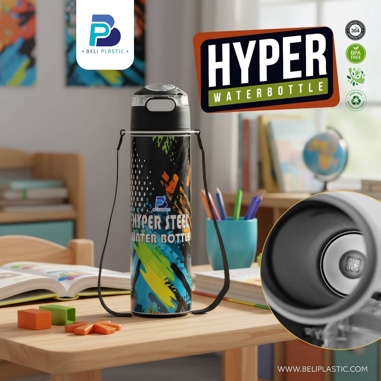 Hyper Character Printed Water Bottle with Steel Inner – Available in 450ml & 650ml | Flip Top School Water Bottle