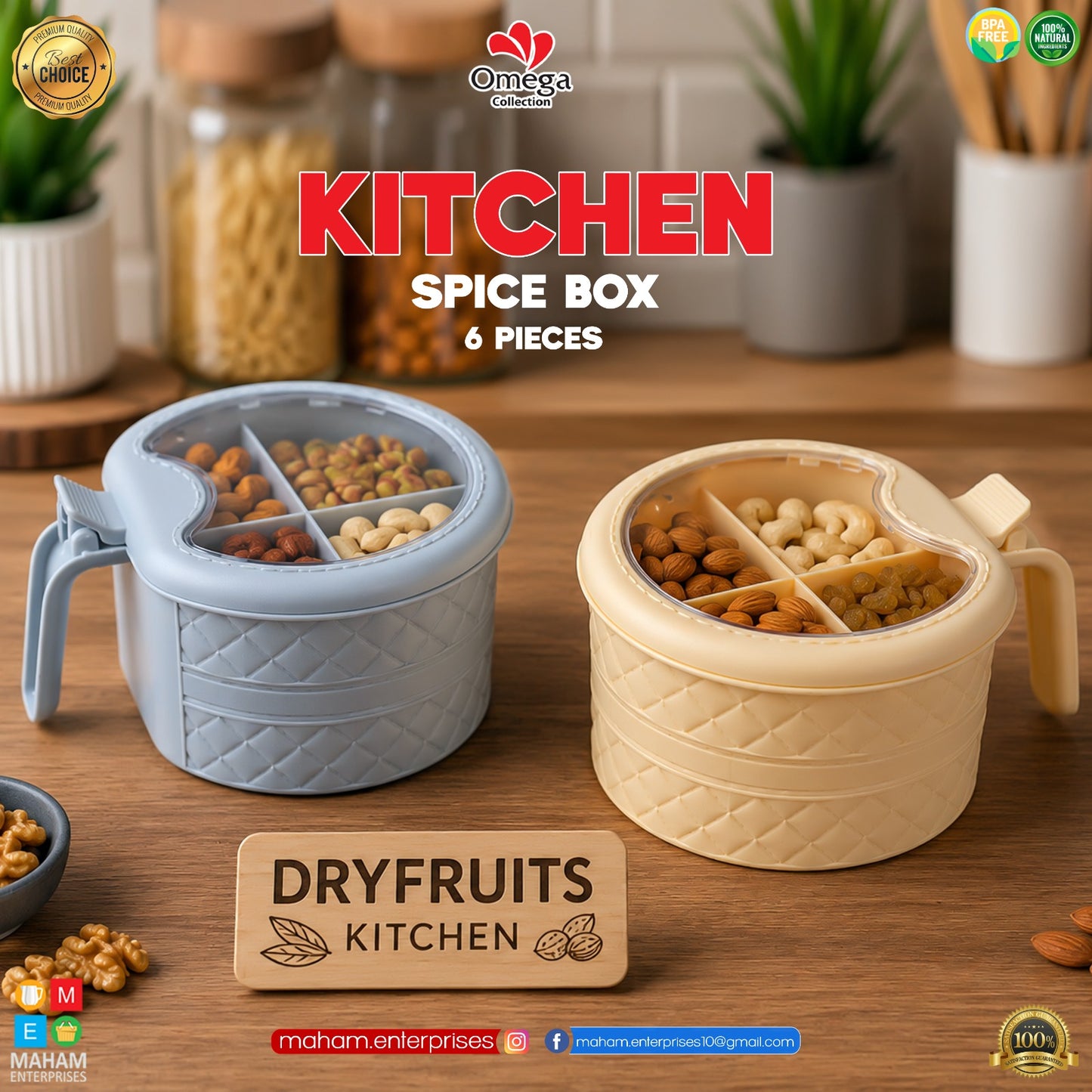 Kitchen Spice Box with Mirror Lid | 4 Compartment Masala Storage Organize
