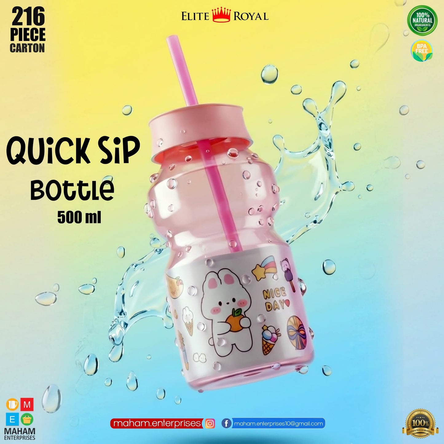 Elite Royal Quick Sip Bottle 500ml | BPA Free Leak-Proof Kids Water Bottle with Straw