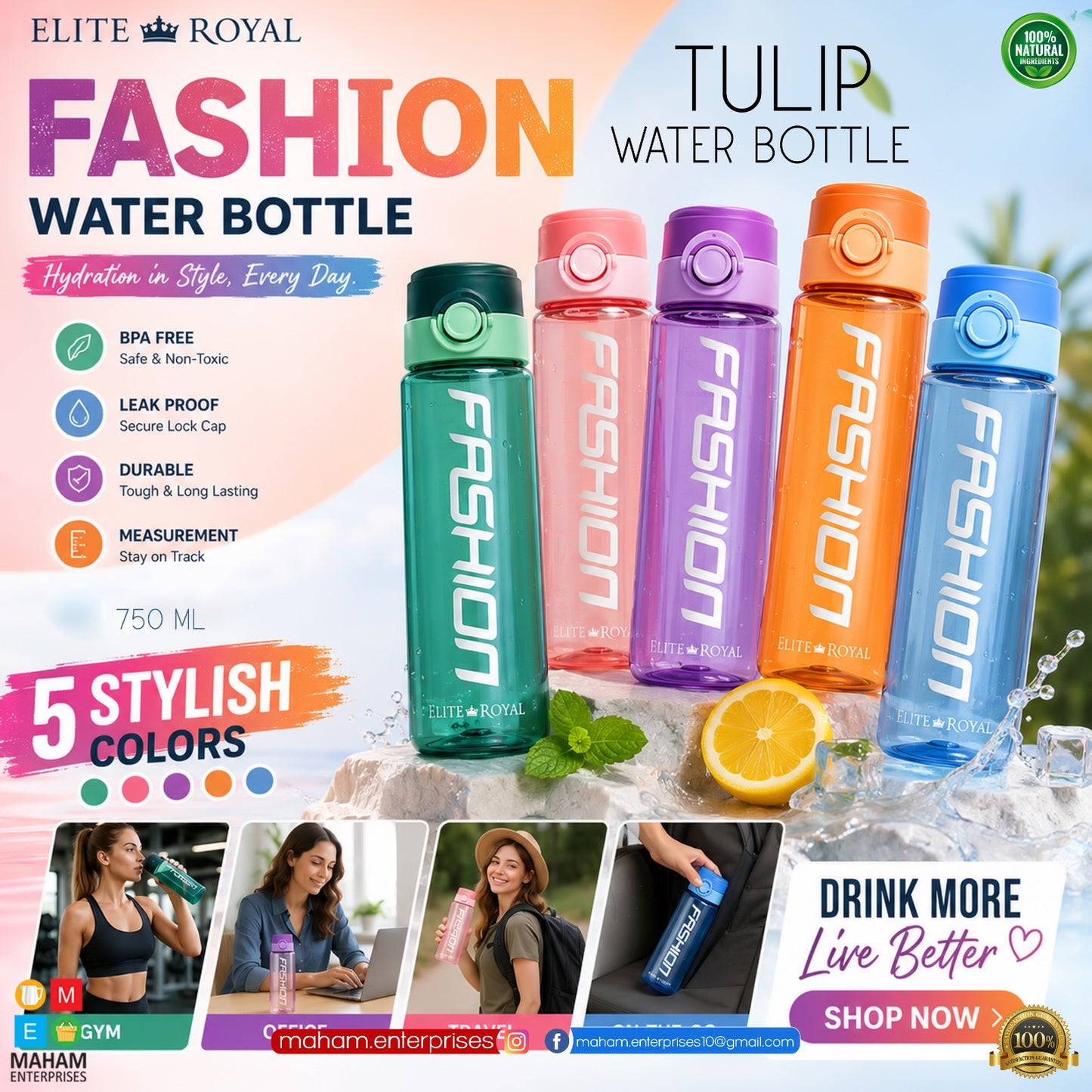 Fashion Tulip Water Bottle 750ML – BPA Free Leakproof Sports Water Bottle with Lock Cap & Measurement Scale