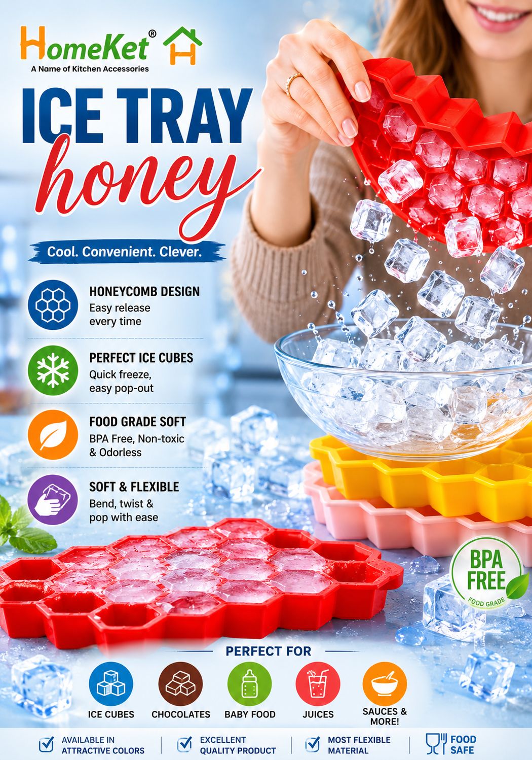 Honeycomb Silicone Ice Cube Tray – BPA Free Flexible Ice Mold for Ice Cubes, Chocolate & Baby Food