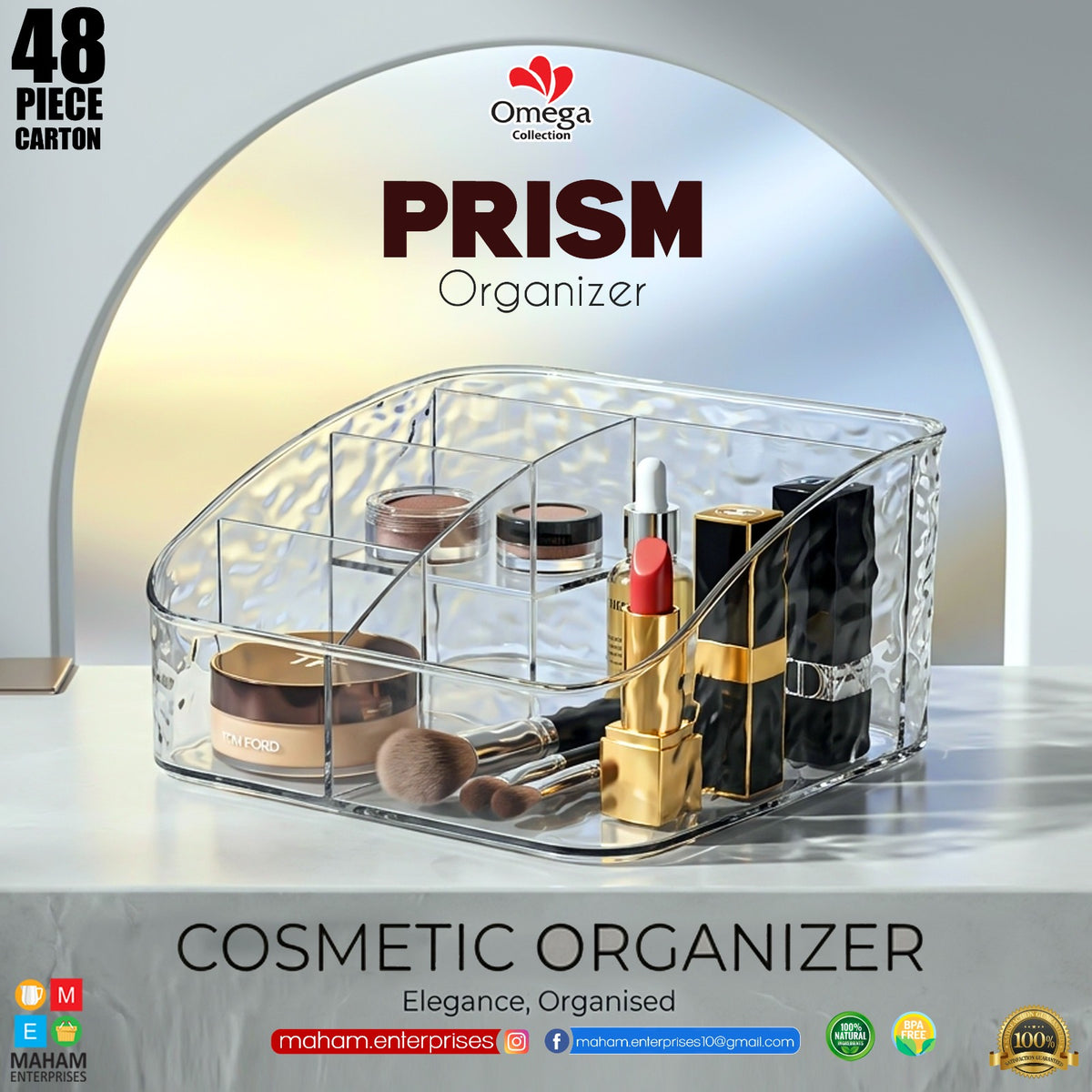 Prism Organizer Clear Multi-Compartment Storage Box – Transparent Makeup, Skincare & Bathroom Vanity Organizer