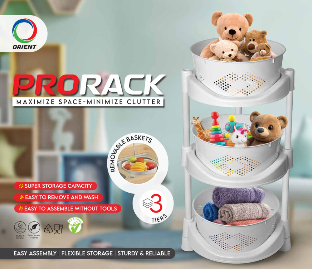 Orient ProRack 3-Level Plastic Rack with Removable Baskets | Multipurpose Storage Organizer