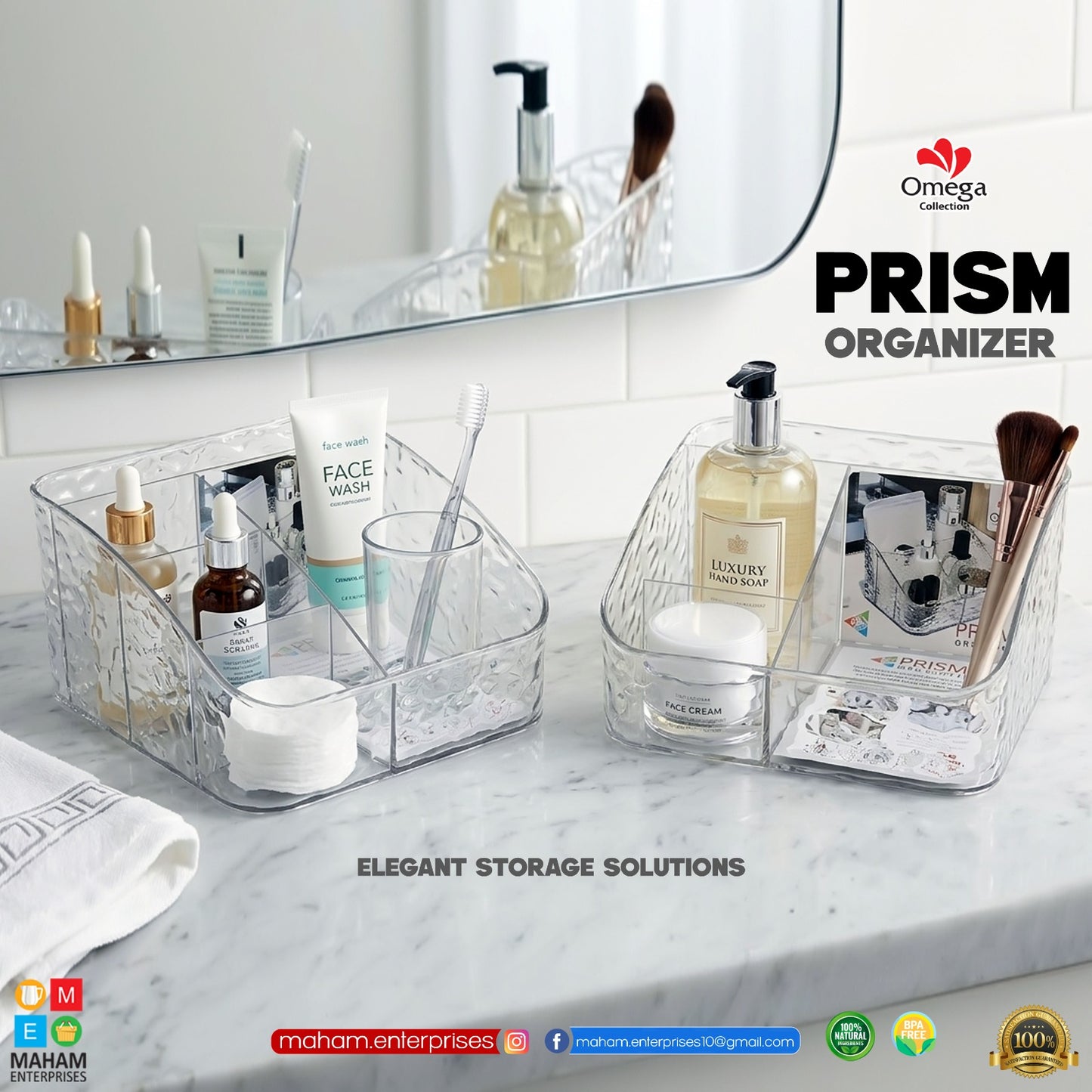 Prism Organizer Clear Multi-Compartment Storage Box – Transparent Makeup, Skincare & Bathroom Vanity Organizer
