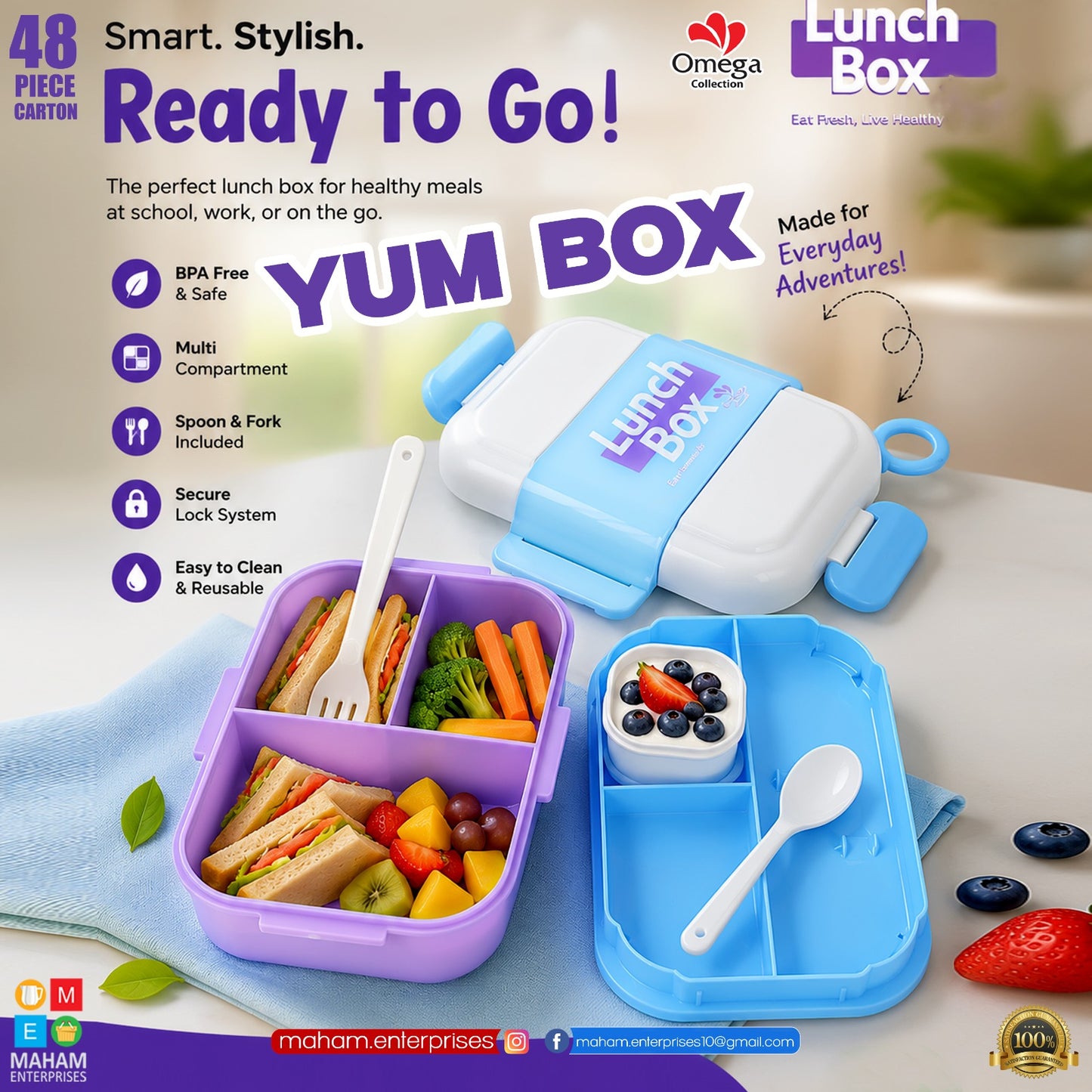 YumBox 3-Compartment Kids Lunch Box with Spoon, Fork & Sauce Container