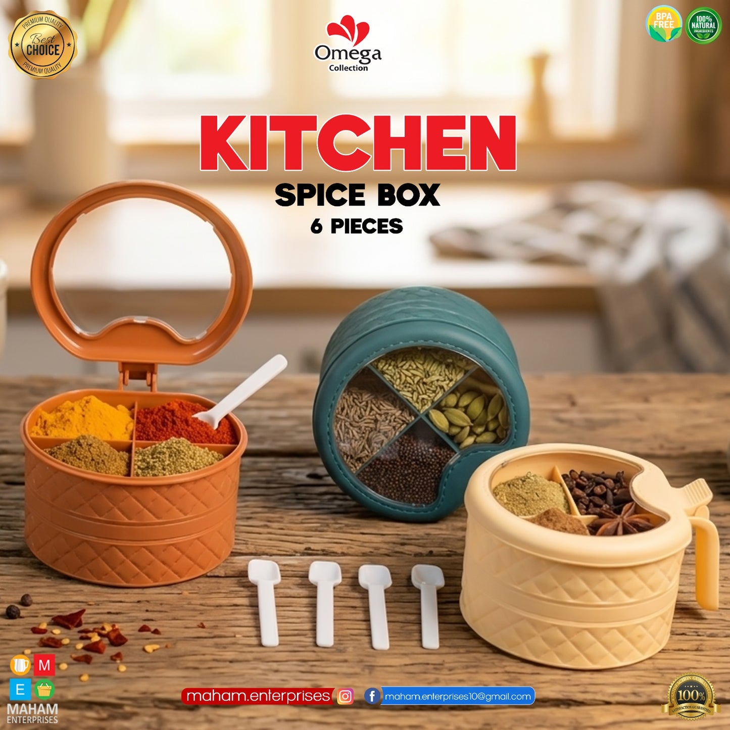 Kitchen Spice Box with Mirror Lid | 4 Compartment Masala Storage Organize