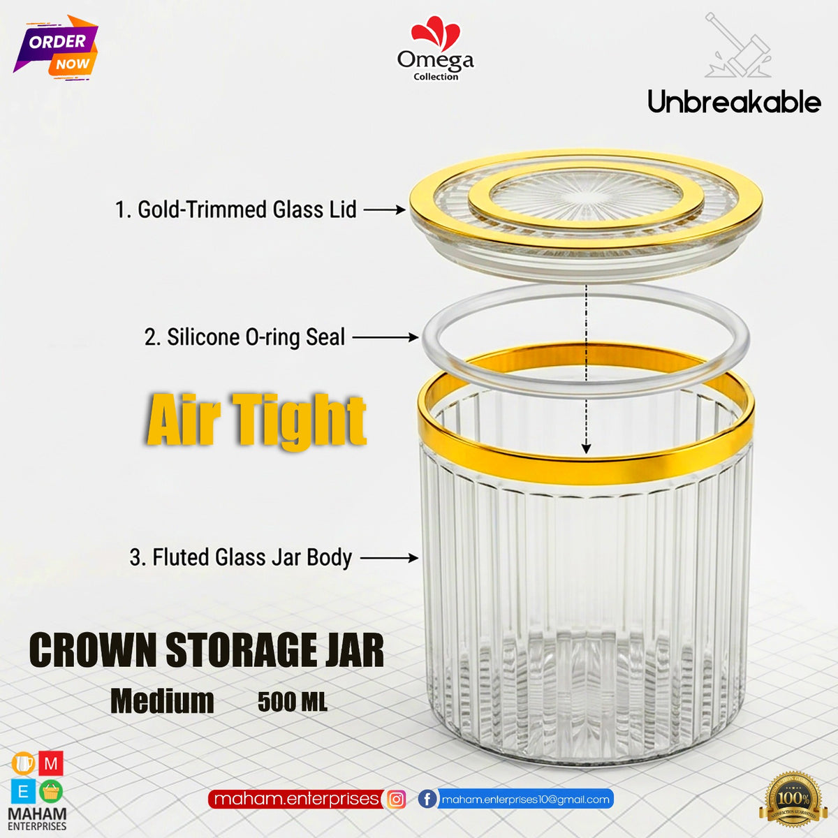 Crown 500ml Storage Jar with Golden Lid | Airtight Unbreakable Kitchen Container