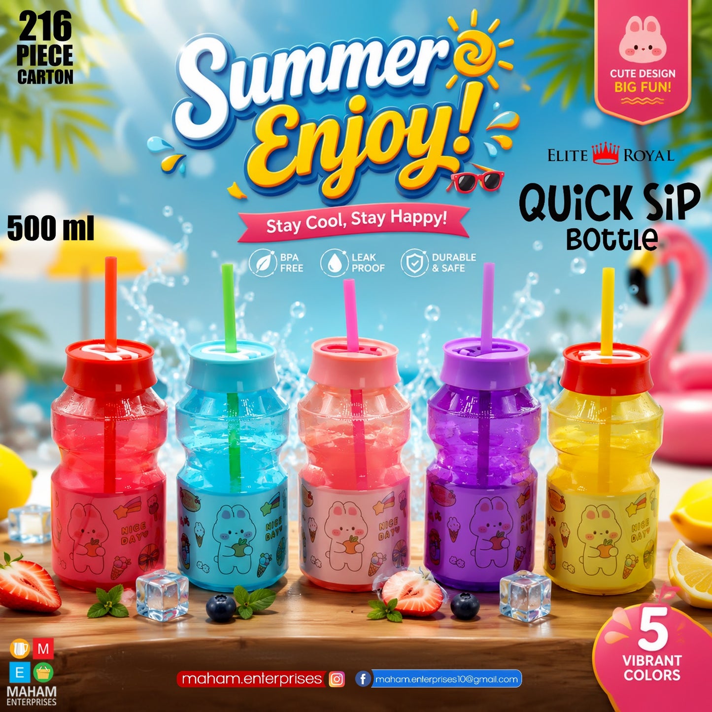 Elite Royal Quick Sip Bottle 500ml | BPA Free Leak-Proof Kids Water Bottle with Straw