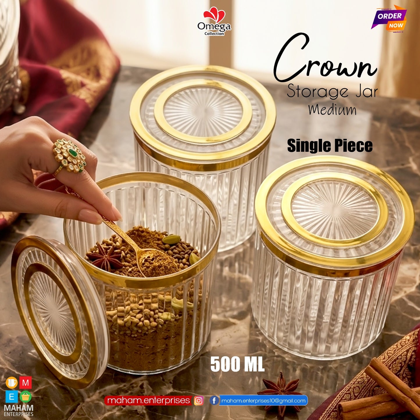 Crown 500ml Storage Jar with Golden Lid | Airtight Unbreakable Kitchen Container
