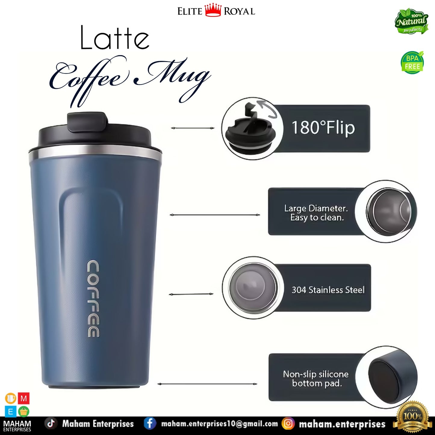 Elite Royal Insulated Coffee Mug with Flip Lid | BPA-Free Travel Cup for Hot & Cold Drinks