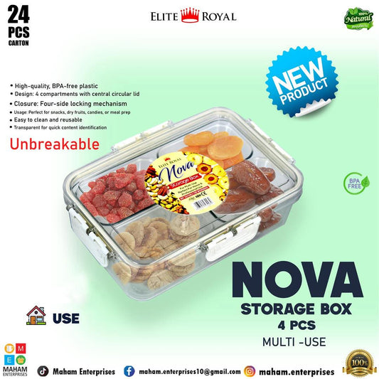 NOVA Multi-Compartment Storage Box | BPA-Free Unbreakable Plastic | Airtight Lock | Dry Fruits, Snacks & Kitchen Organizer