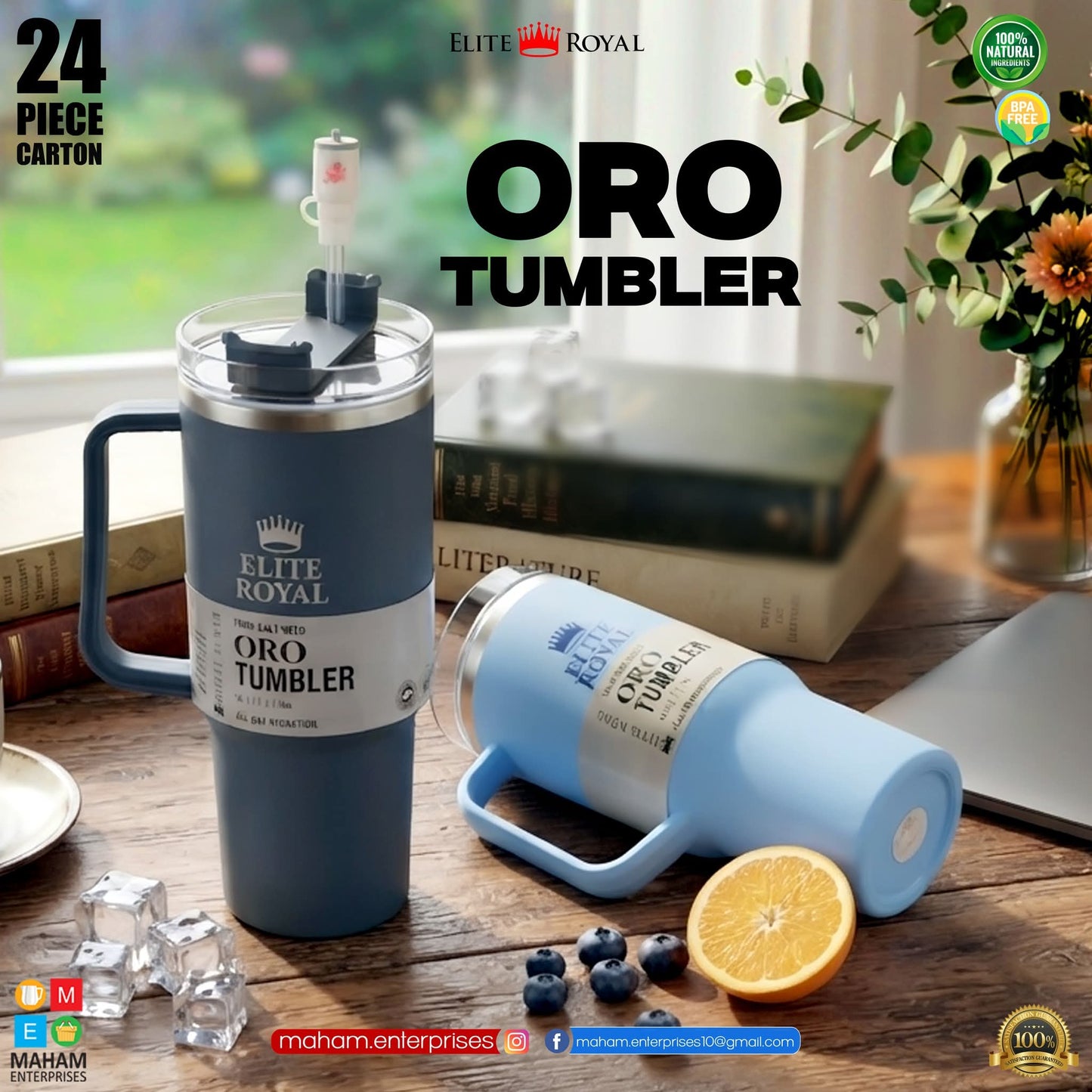 Oro Tumbler Insulated Travel Mug with Handle, Straw & Lid | Reusable Stainless Steel Cup
