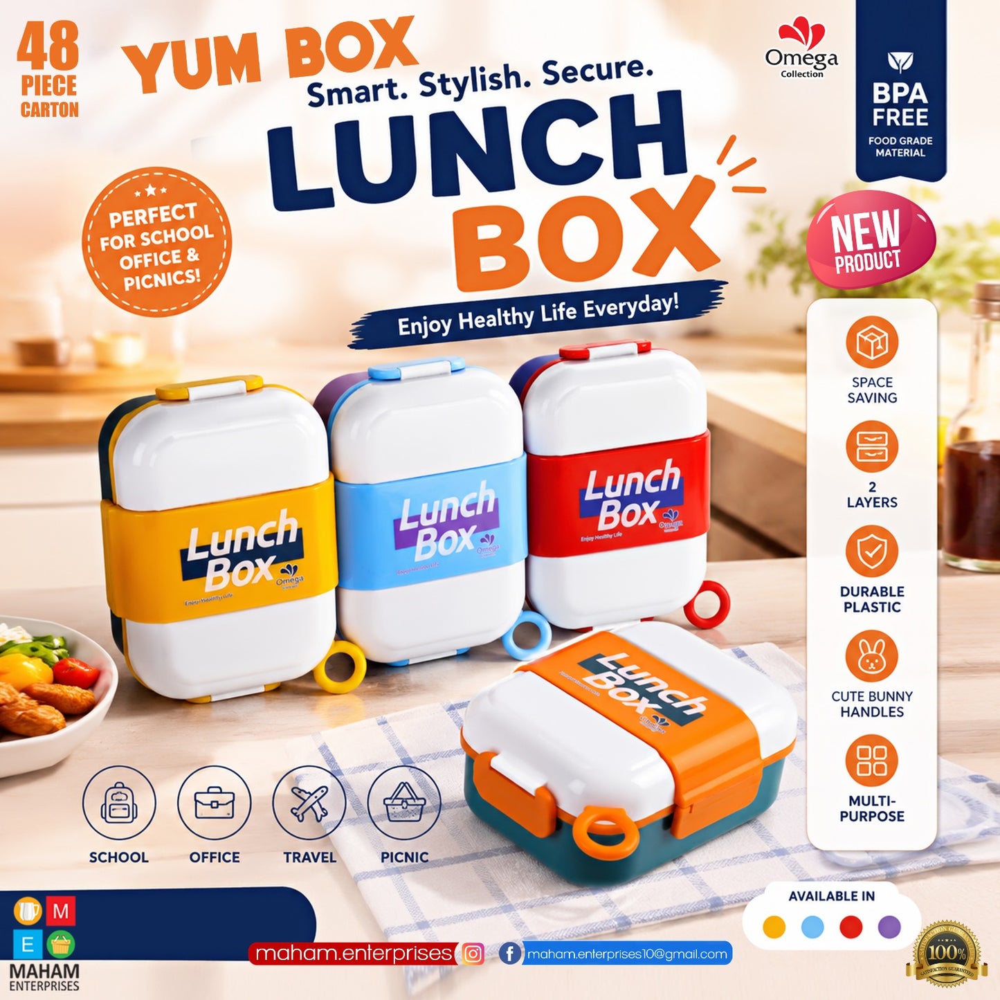 YumBox 3-Compartment Kids Lunch Box with Spoon, Fork & Sauce Container