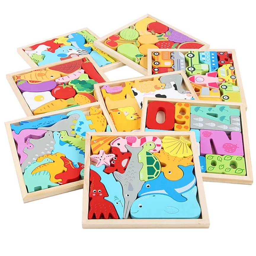 Cartoon Animal Wooden 3D Puzzles Kids Hand Grasp Board Fruit And Vegetable Vehicle Montessori Matching Puzzle Game Children Learning Educational Toys (1 pc)