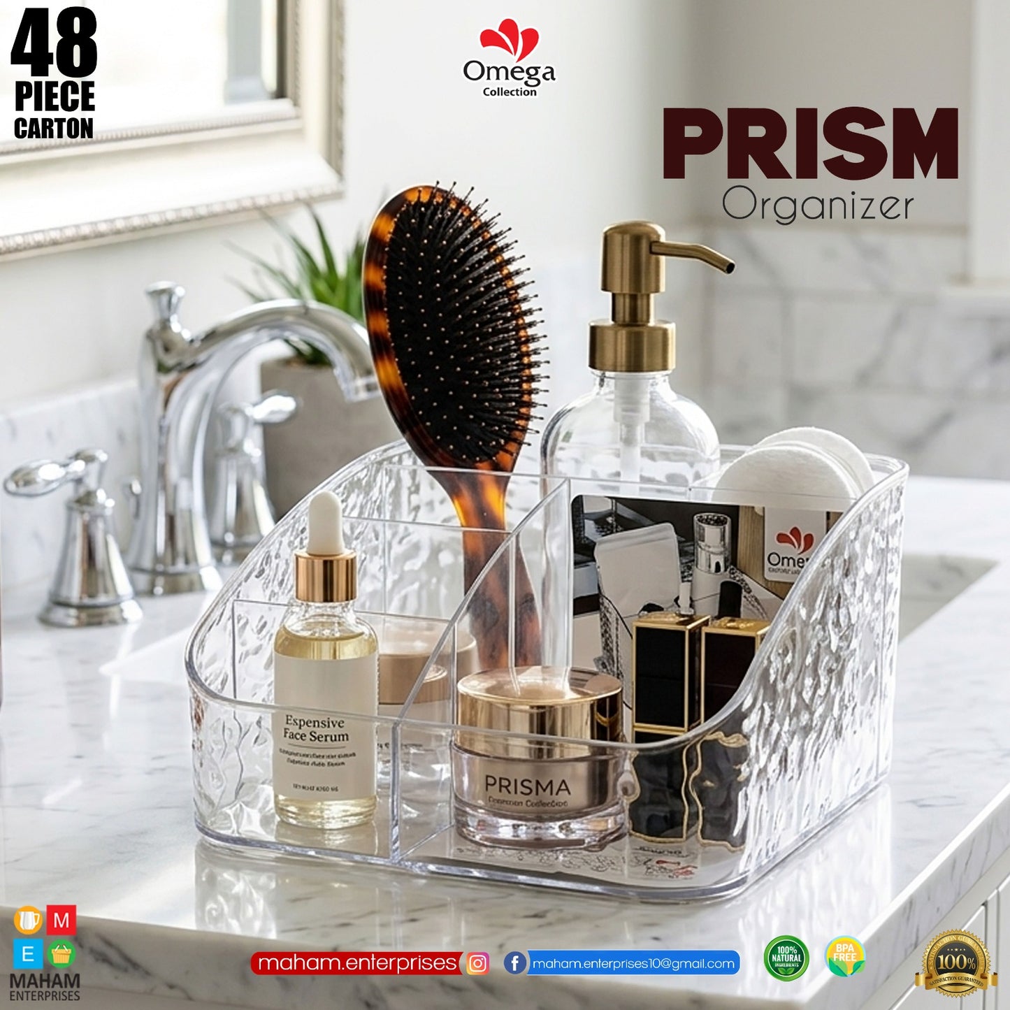 Prism Organizer Clear Multi-Compartment Storage Box – Transparent Makeup, Skincare & Bathroom Vanity Organizer