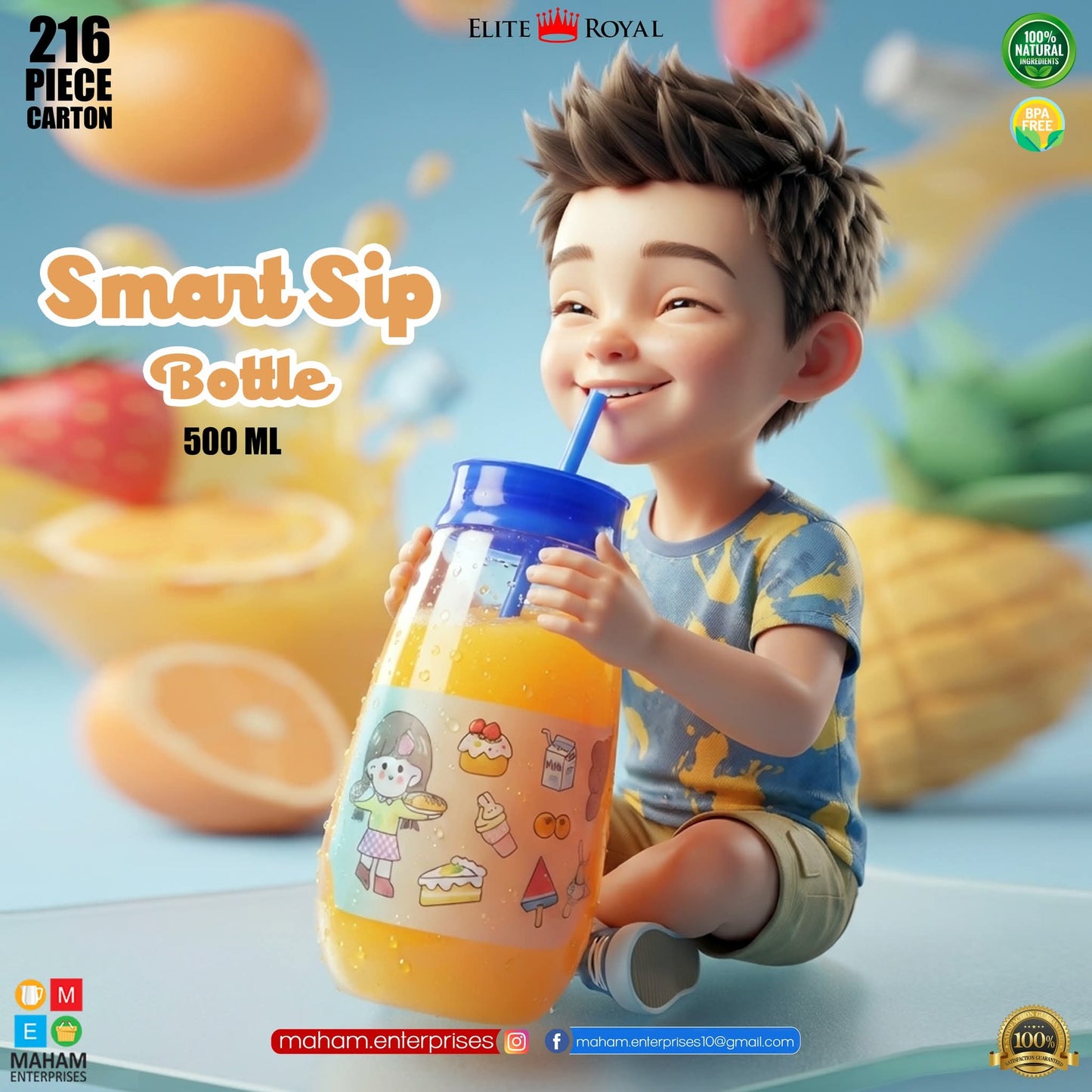 Elite Royal Smart Sip Bottle 500ml | BPA-Free Kids Water Bottle with Straw