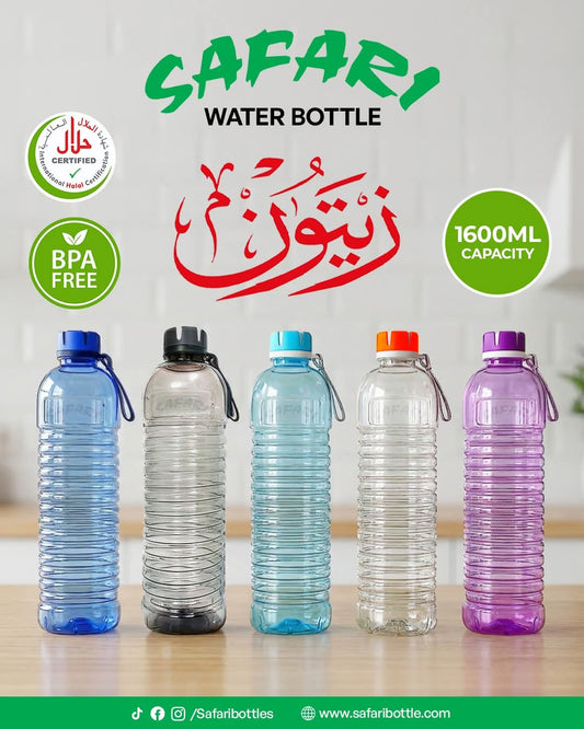 Pack of 2 – Safari Zaitoon Water Bottle 1600ml | BPA-Free Leak-Proof Plastic Bottle with Strap