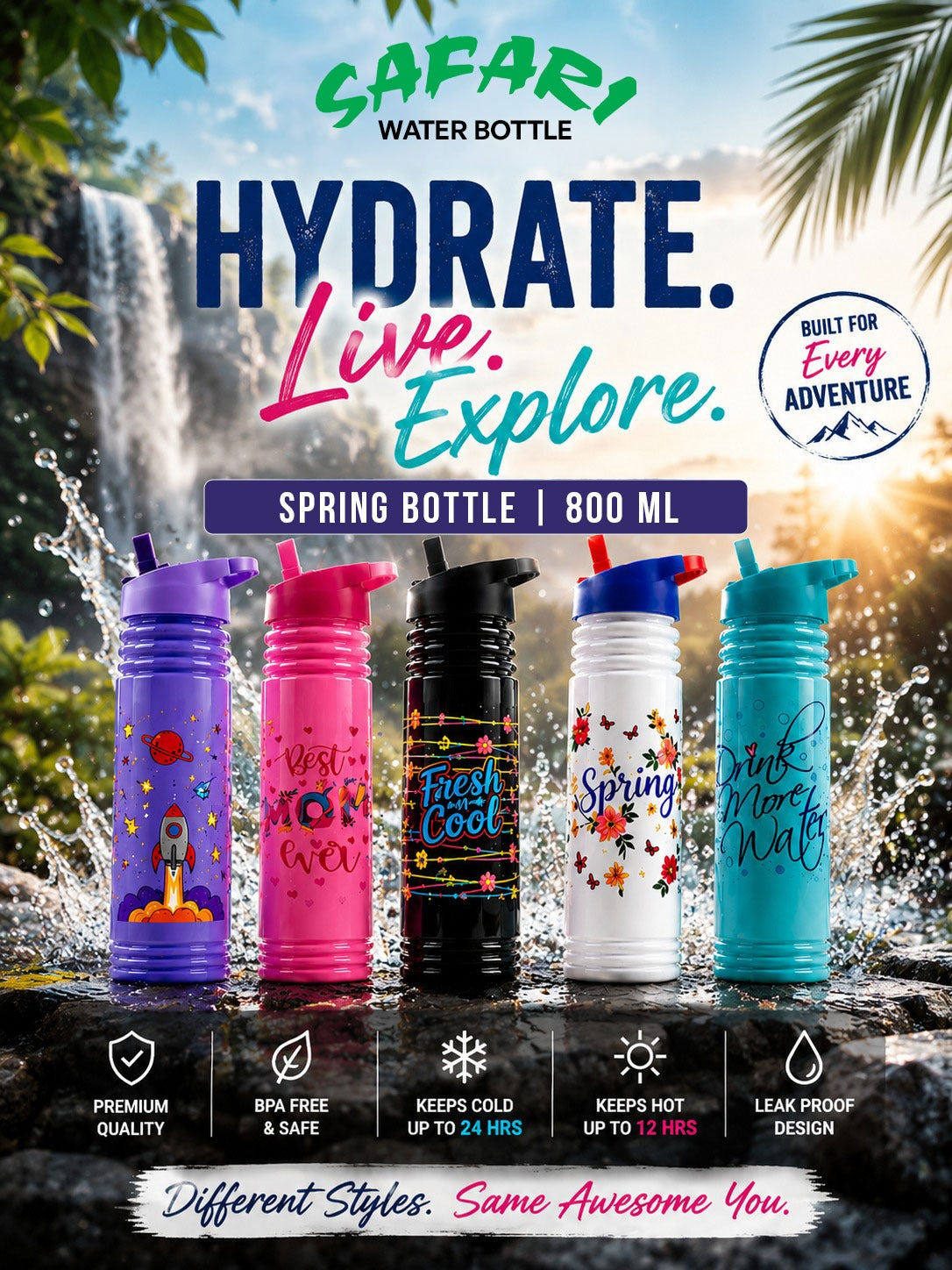 Safari Spring Water Bottle 800ML with Straw | Vacuum Insulated Hot & Cold Bottle | Leakproof BPA-Free Water Bottle