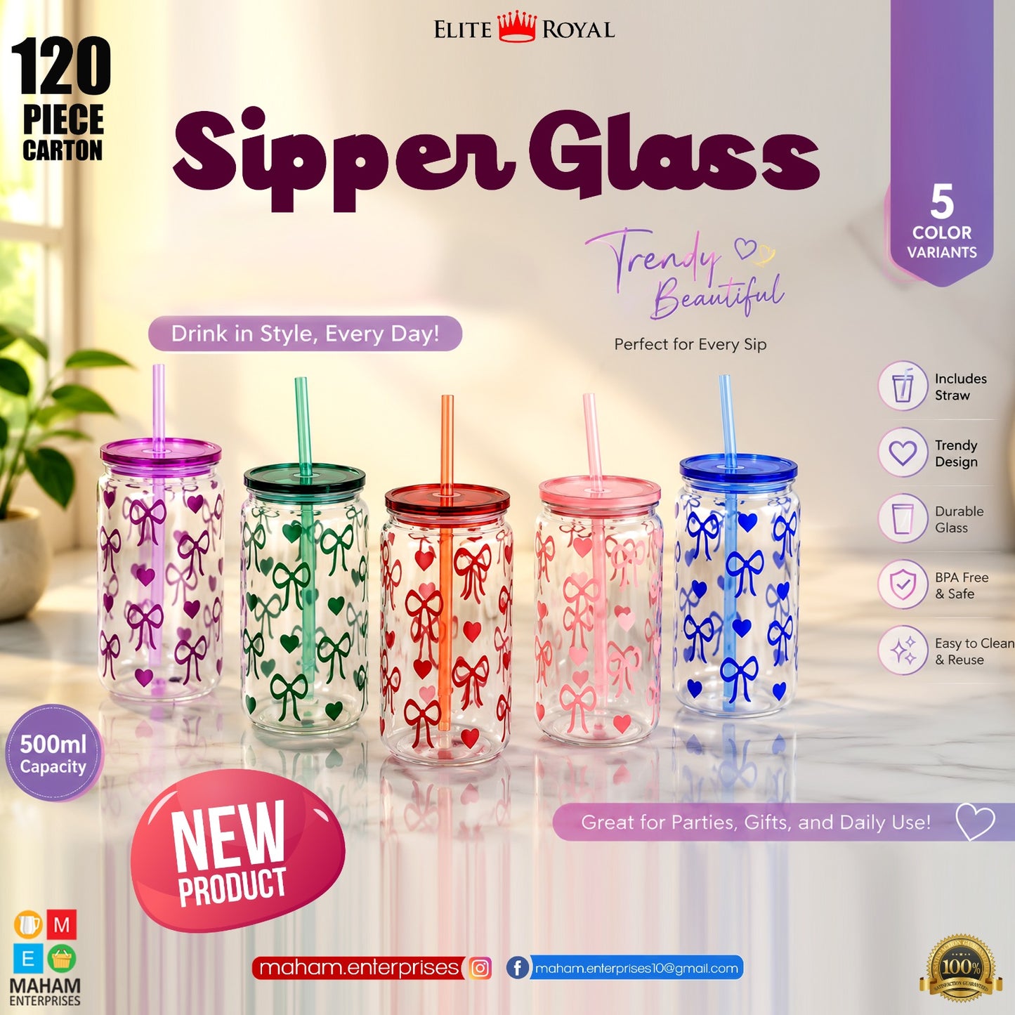 Super Glass Style 500ml Plastic Tumbler with Straw | Trendy Printed Reusable Drinking Cup
