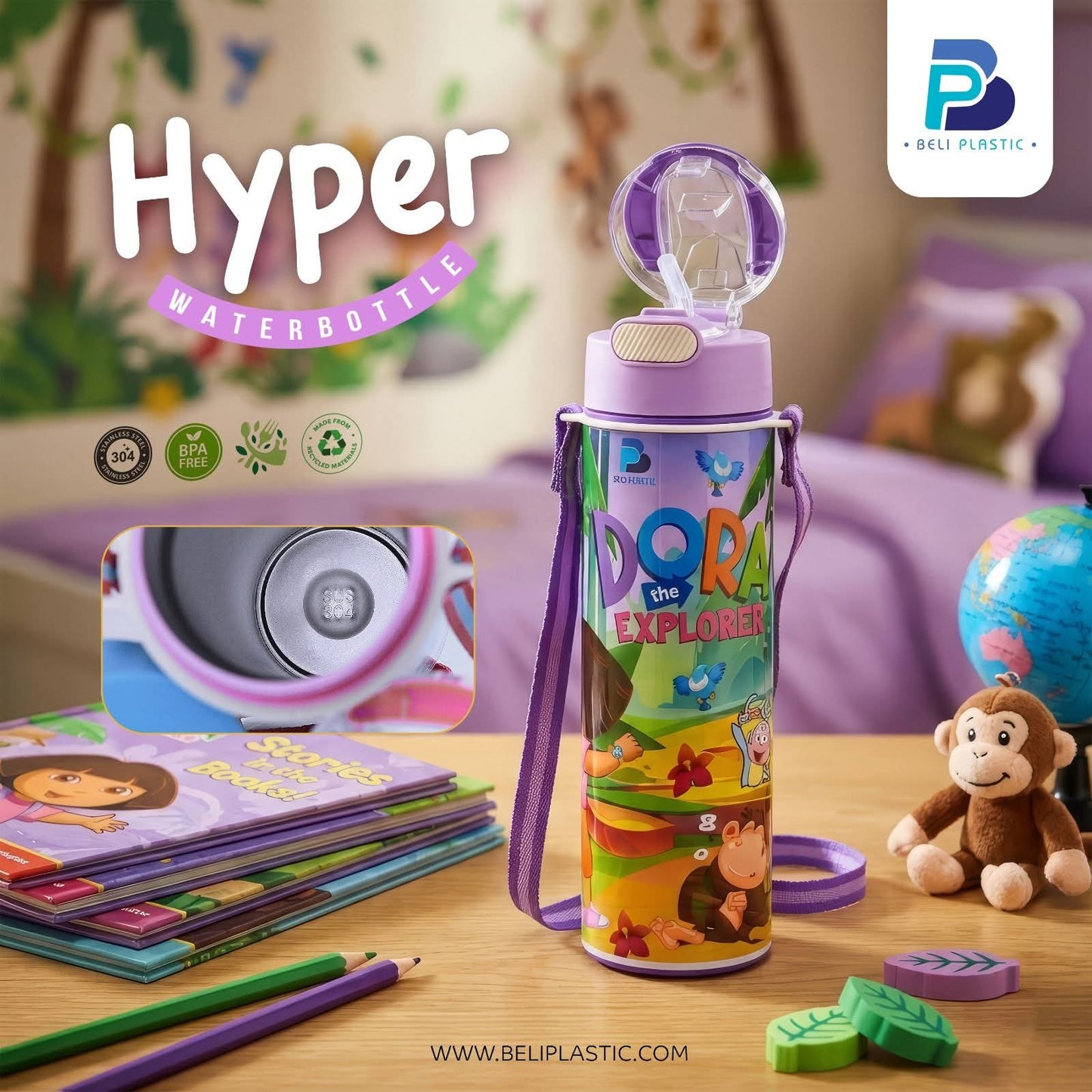 Hyper Character Printed Water Bottle with Steel Inner – Available in 450ml & 650ml | Flip Top School Water Bottle